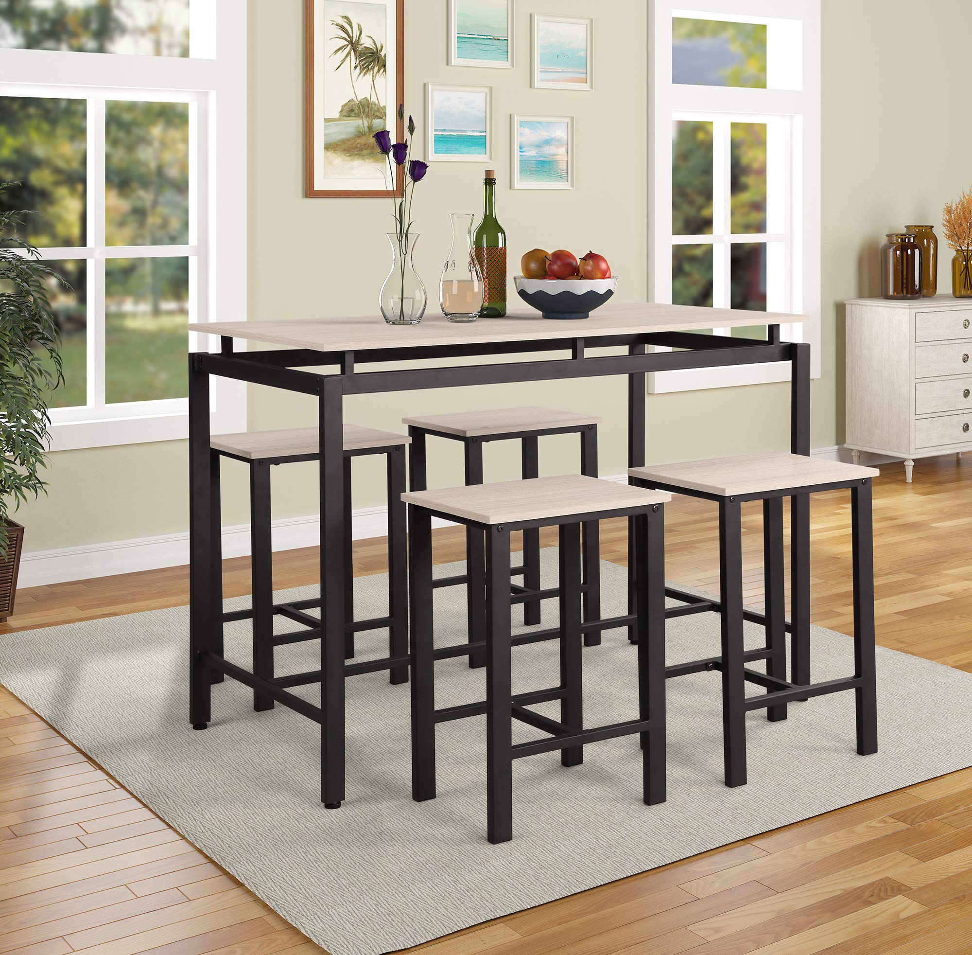 Modern 5-Piece Counter Height Dining Set - Wooden Kitchen Table & Chairs with Metal Legs, Beige - Perfect for Small Spaces, Breakfast Nooks & Contemporary Kitchens