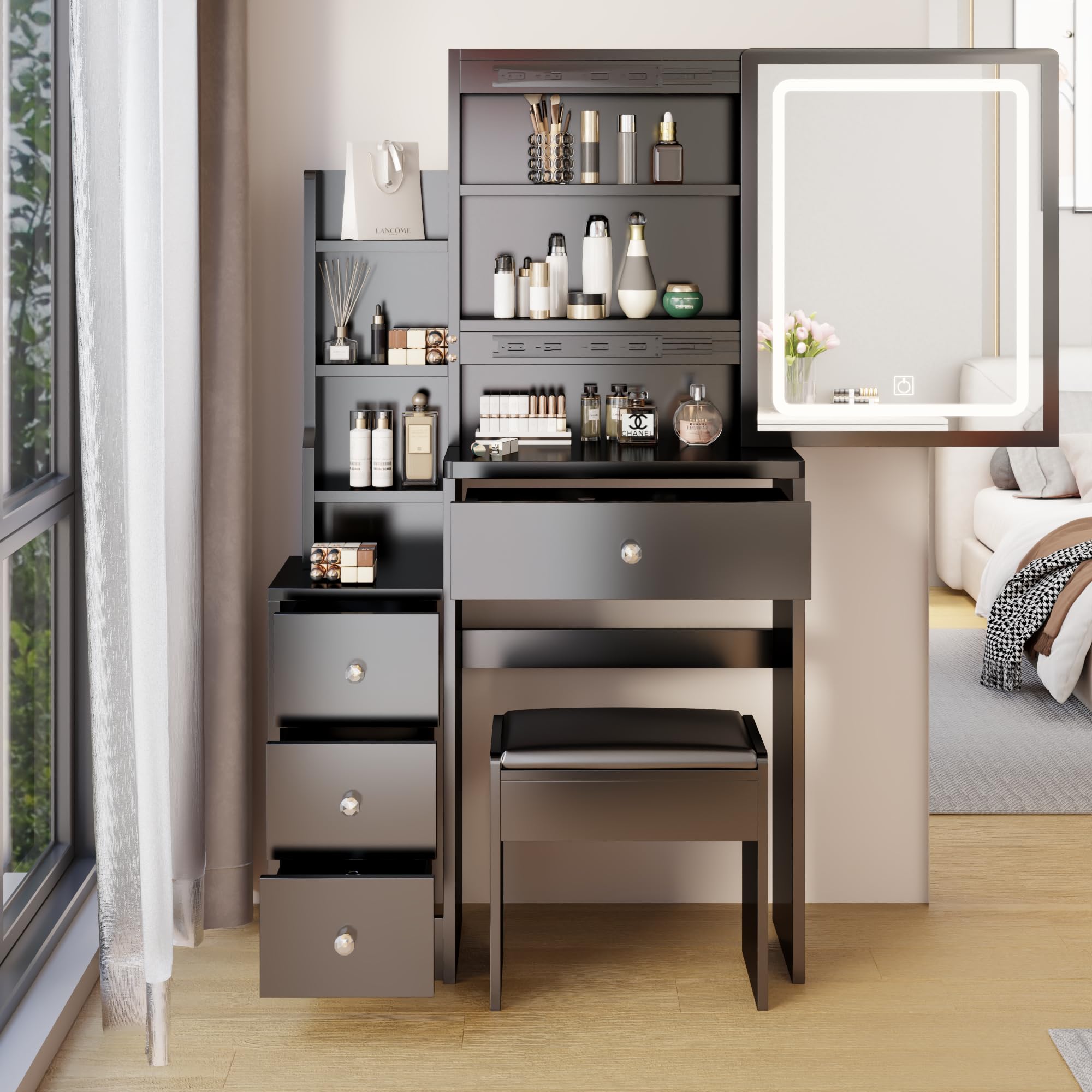 Elegant Black Vanity Desk with LED Mirror & Cushioned Stool - Touch Control, Tri-Color Lighting, Adjustable Brightness - Perfect for Makeup, Skincare & Dressing Room Organization (Large Sliding Drawer)