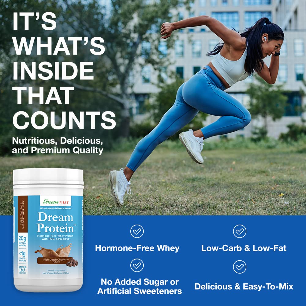 Greens First Dream Whey Protein Powder - Dutch Chocolate Flavor, 30 Servings (28.04 oz) | 20g Protein per Serving, Low Carb, Hormone-Free, Non-GMO | Perfect for Post-Workout Recovery, Muscle Building & Healthy Lifestyle
