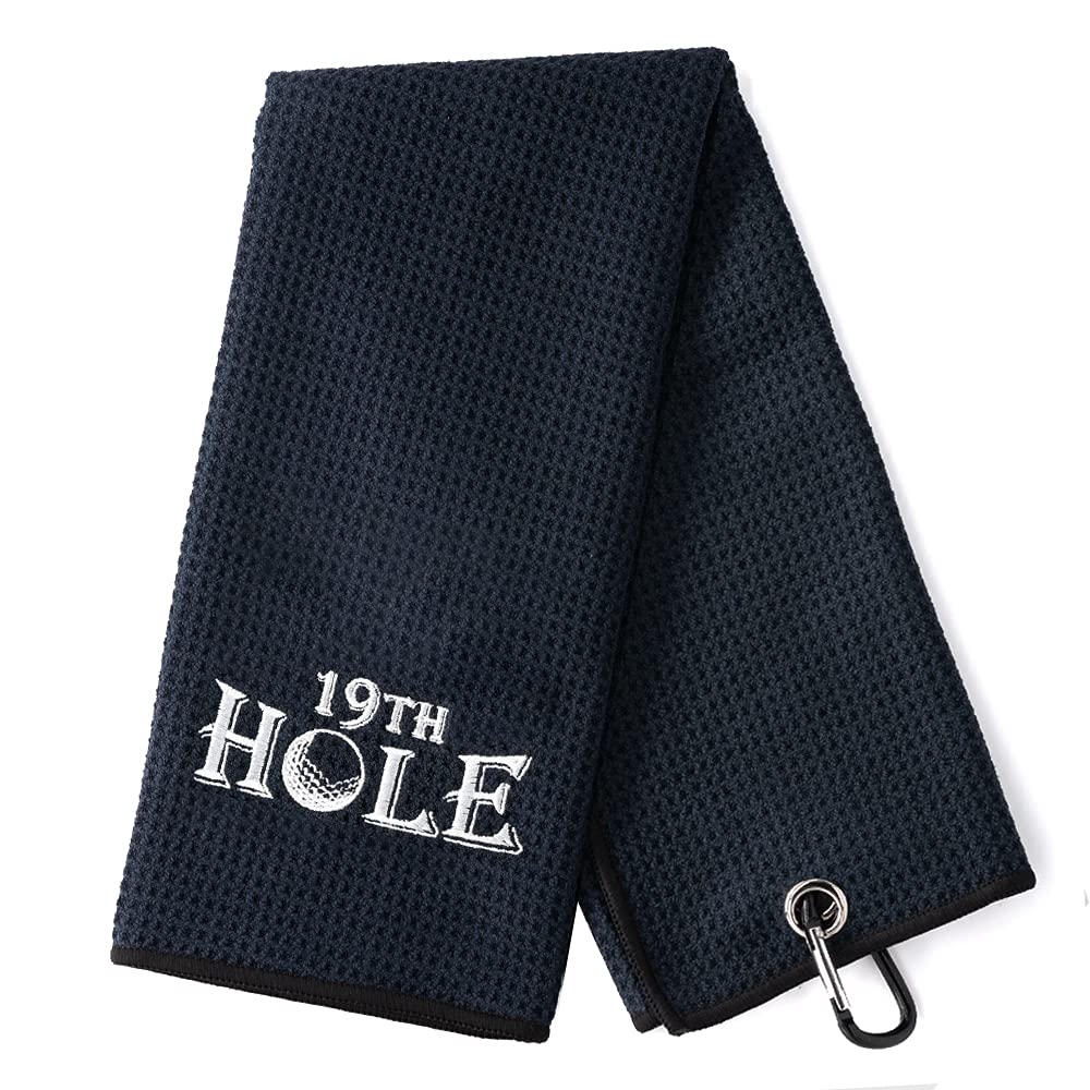19th Hole Funny Golf Towel with Clip - Embroidered Golf Accessory for Men, Dad & Golf Lovers - Perfect Golf Gift for Husband, Boyfriend or Dad - Great for Golf Bags, Birthdays & Golf Course Use
