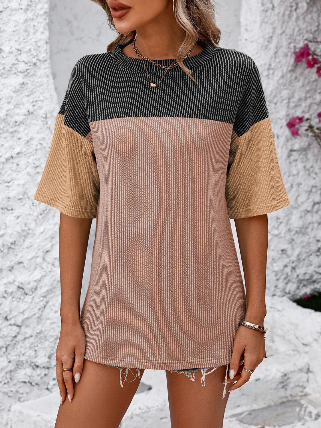 Color Block Round Neck Half Sleeve T-Shirt for Women - Casual Summer Fashion Top for Outfits, Streetwear & Everyday Wear