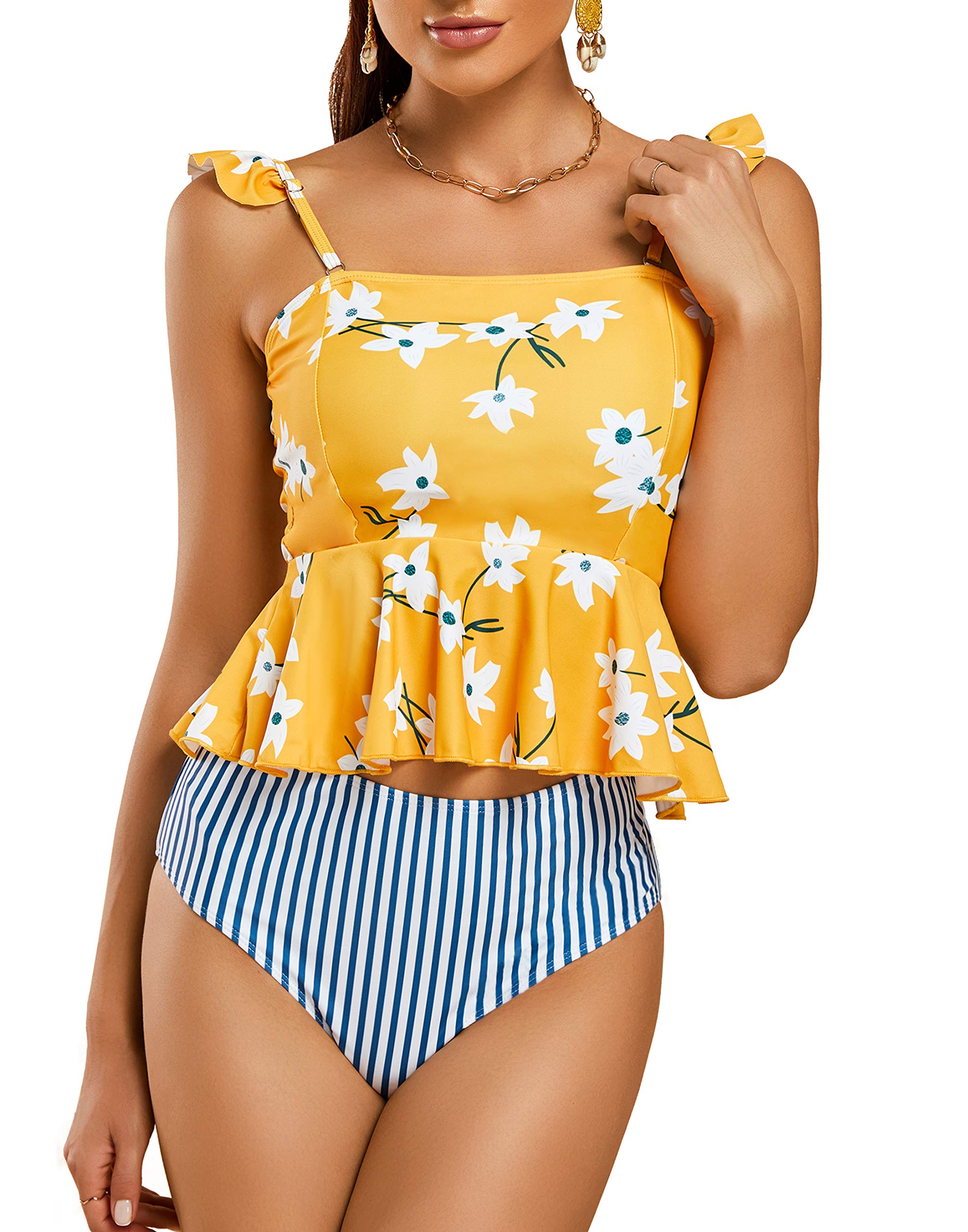 Tutorutor Women's High Waisted Swimsuits - Peplum Tankini Set with Ruffle Floral Print, 2 Piece Halter Bikini for Teens | Perfect for Beach Vacation, Pool Party and Summer Getaway