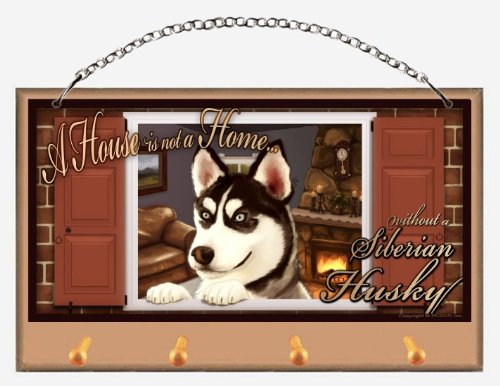 Scott Rogers Art Siberian Husky Key & Leash Holder - 'Paws on the Windowsill' Wall Decor for Dog Lovers - Perfect for Entryway, Mudroom or Pet Station Organization