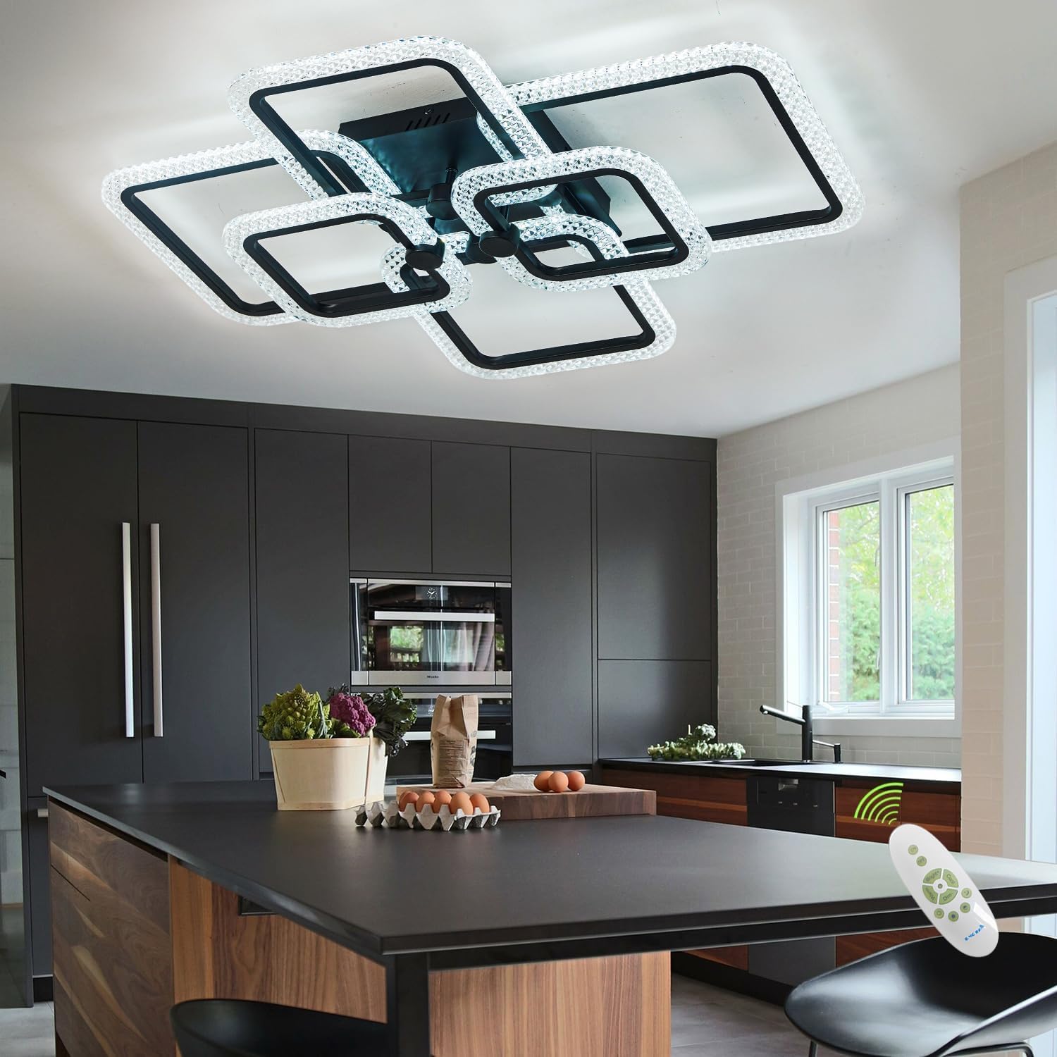 Modern LED Ceiling Light Fixture - Crystal Dimmable Flush Mount with Remote Control, 6 Square Frame Design for Living Room, Dining Room & Kitchen | Perfect for Home Decor, Ambient Lighting & Energy Saving
