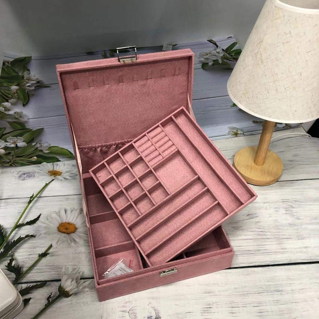 Magik Two-Layer Velvet Jewelry Box Organizer with Lock - Extra Large (10.23''x10.23''x3.15'') Pink - Perfect for Necklace, Ring & Earring Storage | Great for Travel, Gift & Home Decor