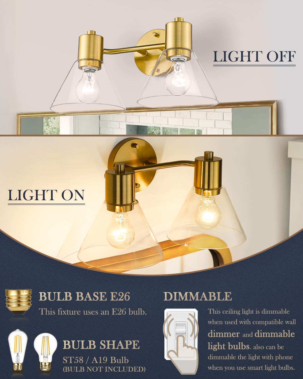 LMS Gold Bathroom Vanity Light Fixtures - 2 Light Modern Bathroom Sconce with Clear Glass Shade, LMS-100 - Perfect for Bathroom, Powder Room, and Dressing Room Lighting