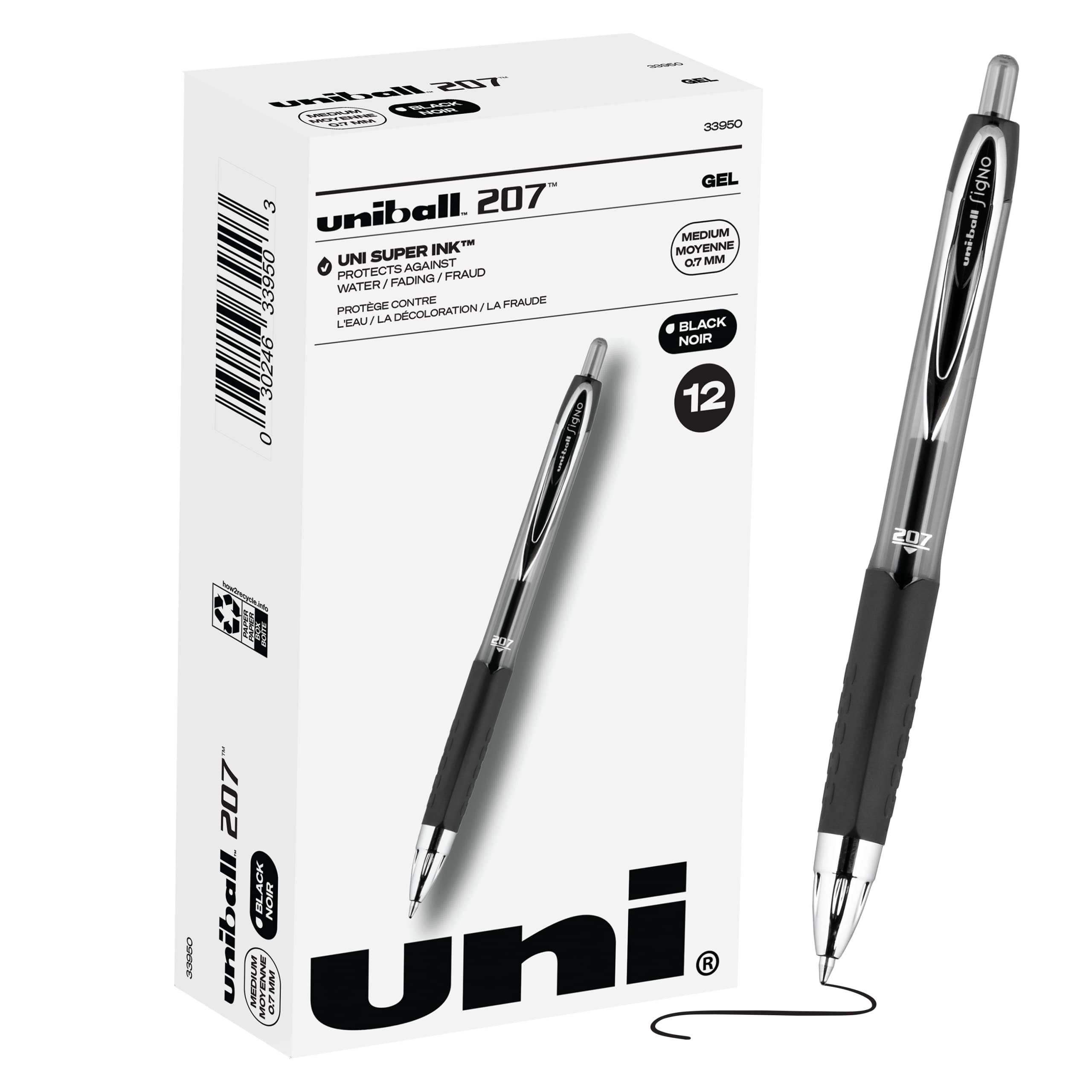 Uni-ball Signo 207 Gel Pen 12 Pack - 0.7mm Medium Black Gel Ink Pens for Smooth Writing | Office, School, Note Taking & Journaling Supplies