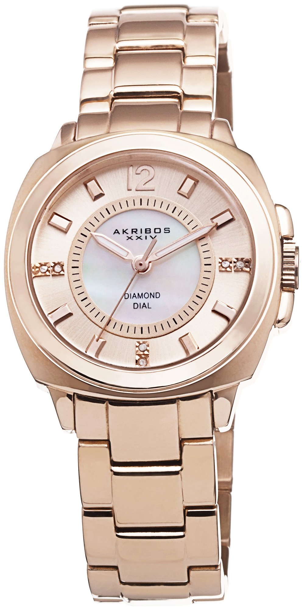 Akribos XXIV Women's Swiss Quartz Watch - 6 Diamond Hour Markers, Mother-of-Pearl Dial, Polished Link Bracelet - Elegant Cushion Case Design - Perfect for Business, Party & Special Occasions - AK668