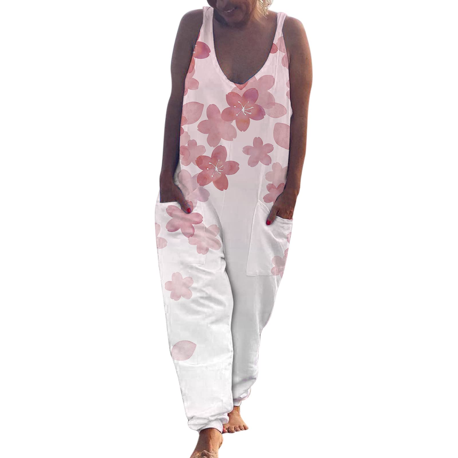 Women's Summer Printed Casual Jumpsuit with Pockets - V Neck Sleeveless Romper, Loose Fit Regular Jumpsuit for Daily Wear, Beach, Party & Prom (Pink, Medium)