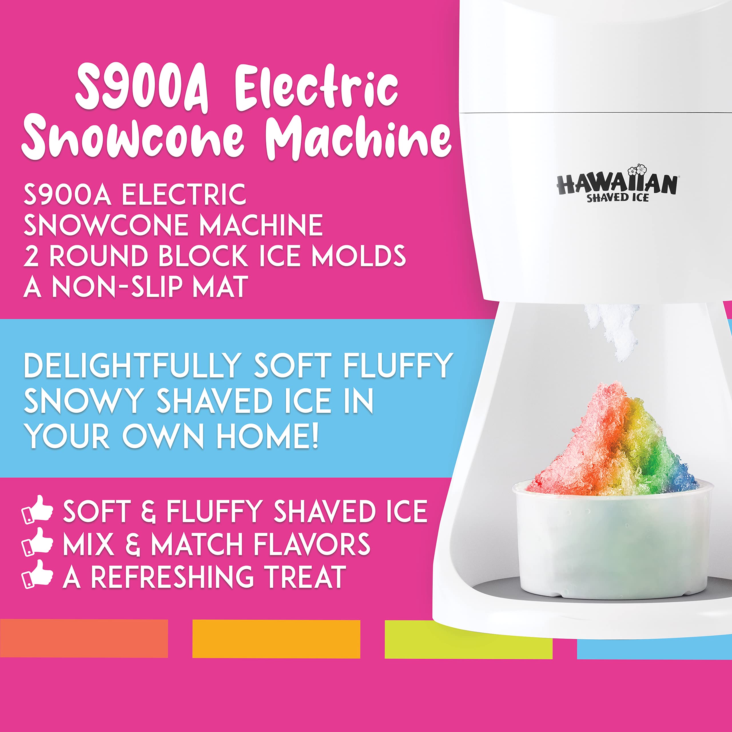 Premium Hawaiian Shaved Ice Machine S900A - Electric Snow Cone Maker with 2 Reusable Ice Molds, Non-Slip Base & 1-Year Warranty (120V, White) - Perfect for Home Parties, Summer Treats & Small Business Use