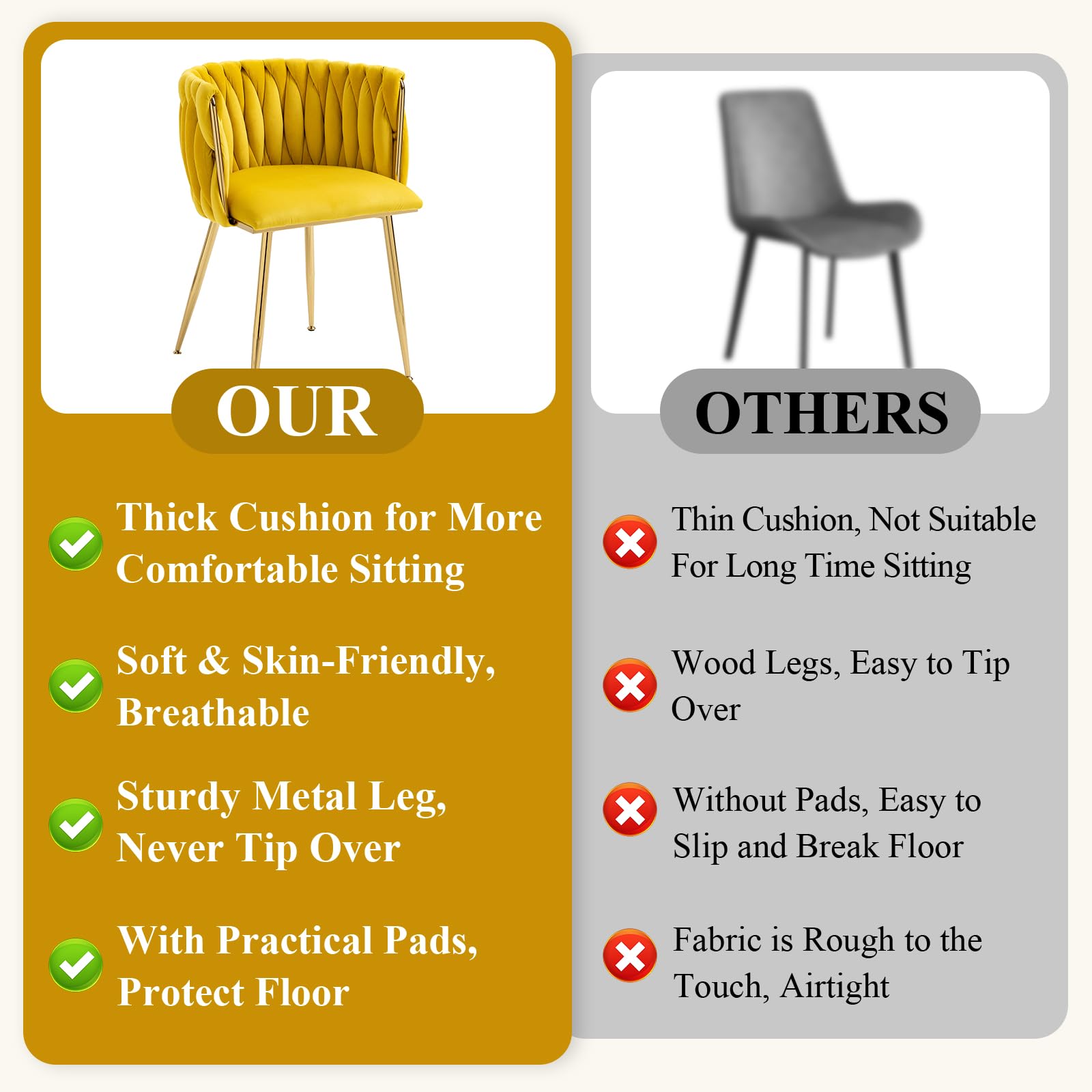 NIOIIKIT Modern Velvet Dining Chairs Set of 2 - Handwoven Accent Chairs with Golden Metal Legs, Upholstered Side Chairs for Living Room, Dining Room, Kitchen & Vanity (Mustard Yellow) | Perfect for Home Decor, Dinner Parties & Cozy Seating