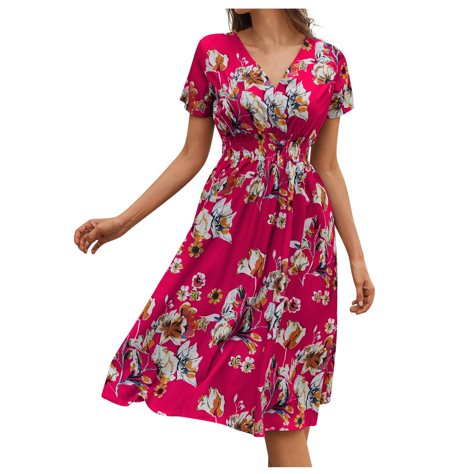 Women's Floral Printed V-Neck Midi Dress with Elastic Waist - Graduation Outfit, Casual Spring Dress for Parties, Weddings & Daily Wear