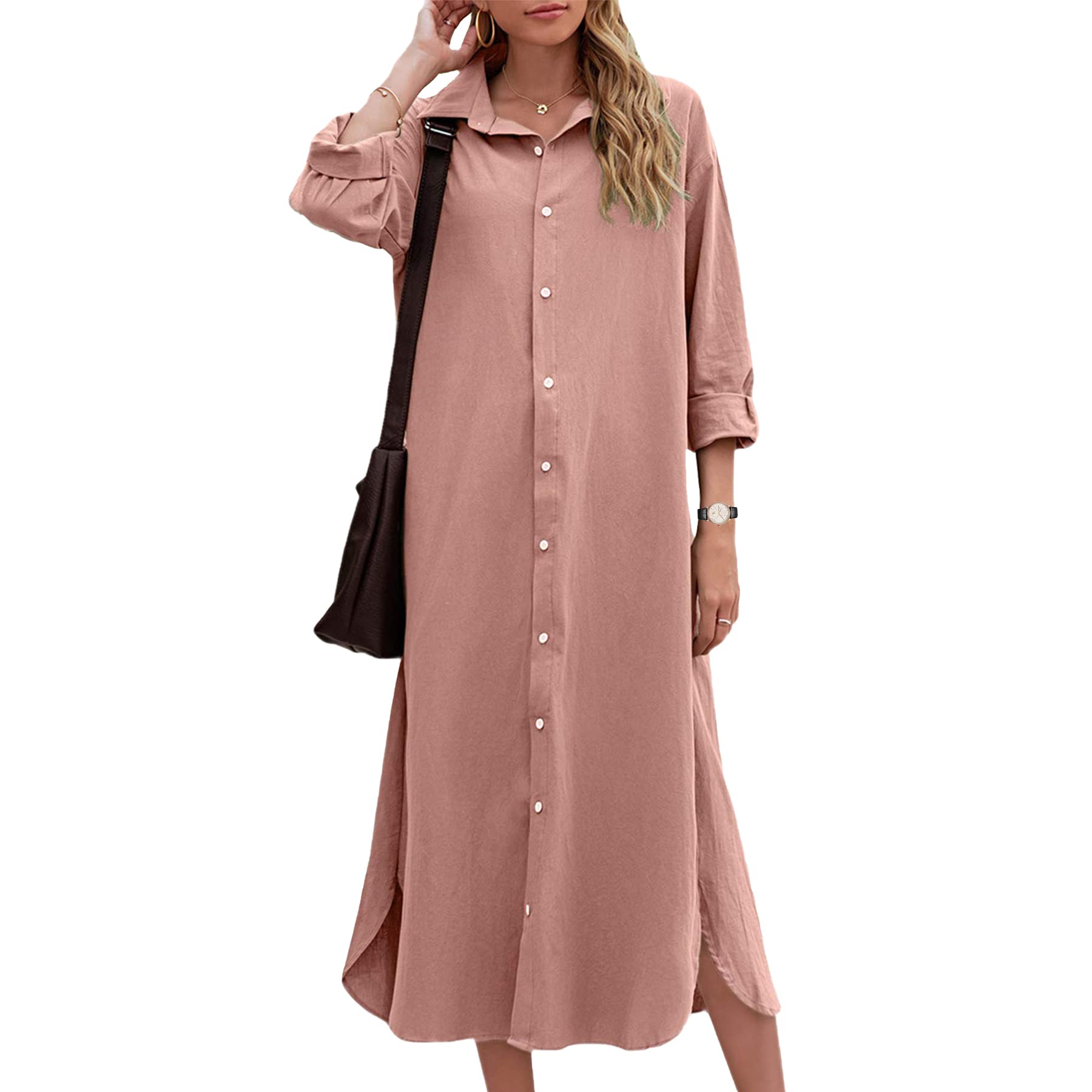 WERLIKE Women's Cotton Linen Lapel Shirt Dress - Button Down Long Sleeve T-Shirt Dress for Casual Wear | Loose Fit Maxi Dress for Office, Beach & Summer Outfits