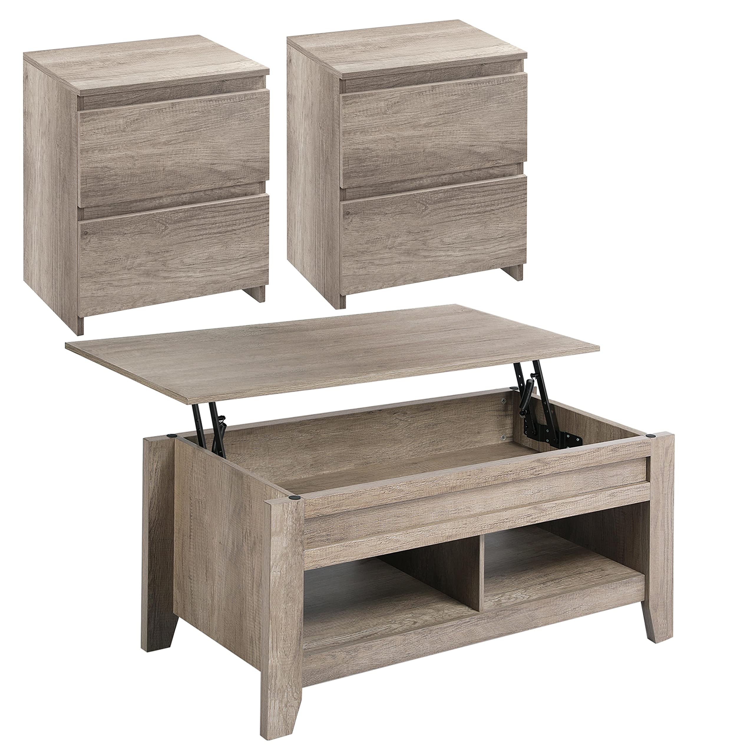 Topeakmart 3-Piece Lift Top Coffee Table Set with 2 Drawer End Tables - Industrial Style Living Room Furniture in Gray | Perfect for Small Spaces & Modern Home Decor