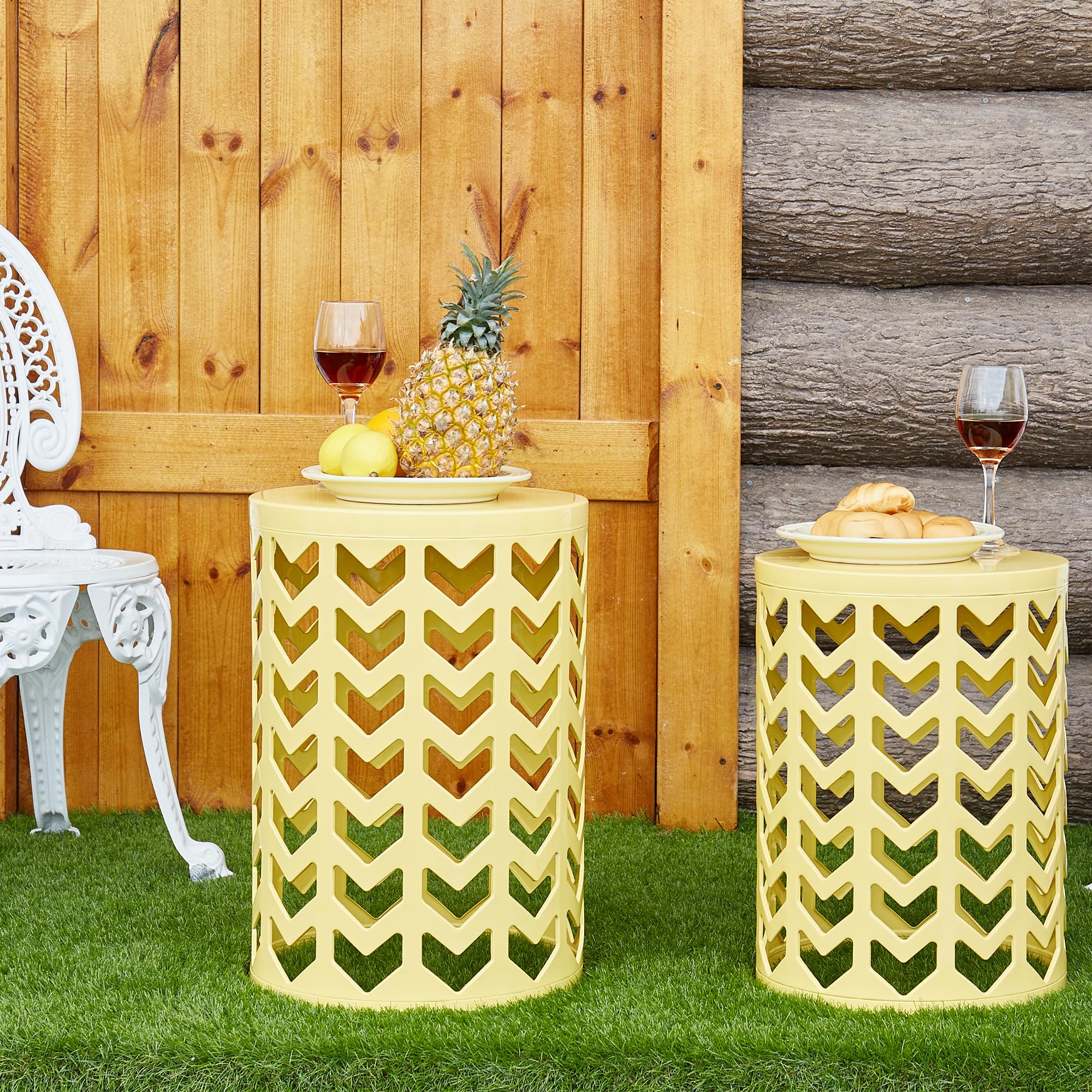 Y&M Set of 3 Round Nesting Metal Coffee Tables - Indoor/Outdoor Side Tables, End Tables, Plant Stands & Decorative Stools - Heavy Duty Yellow Garden Furniture (Perfect for Living Room, Patio, Balcony & Office Decor) - Ships from USA