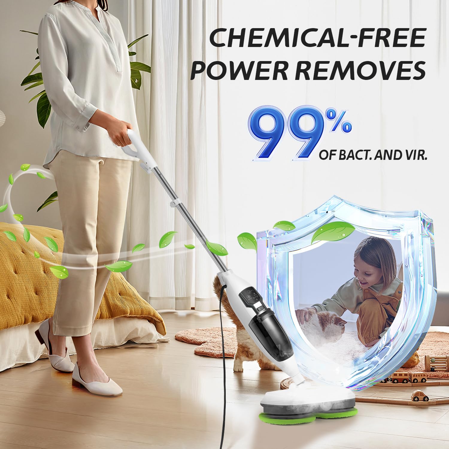 15 in 1 Electric Spin Mop Cleaner with Detachable Handheld Unit - Steam Mop for Hardwood, Laminate Floors, Tile Grout & Car Cleaning - 120V Powerful Steam Cleaner for Home, Kitchen & Bathroom Deep Cleaning