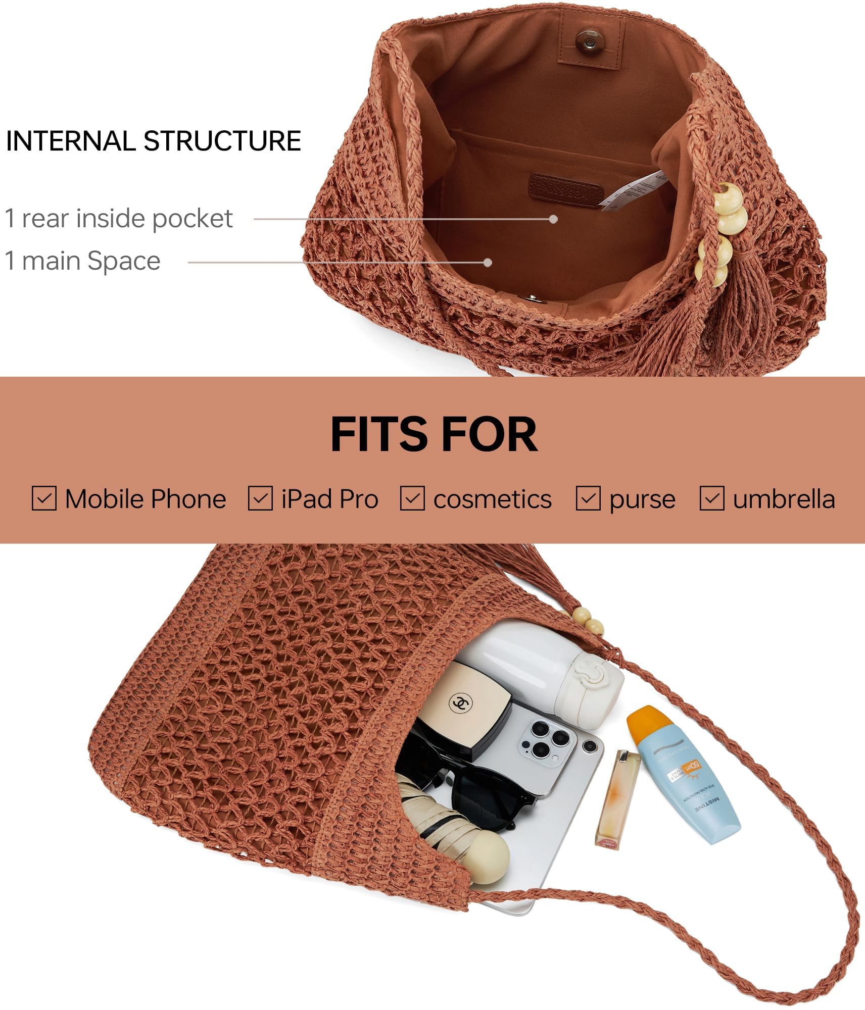 Large Packable Straw Mesh Beach Tote Bag for Women - Woven Crossbody Purse & Hobo Handbag - Perfect for Travel, Vacation & Summer Outings