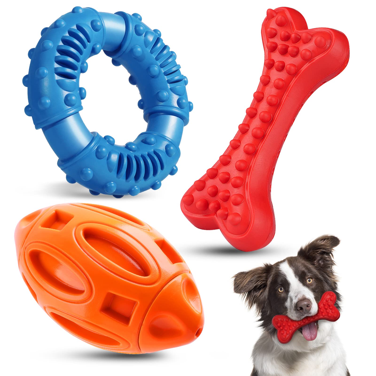 Epesiri 3-Pack Indestructible Dog Chew Toys for Aggressive Chewers - Durable Rubber Squeaky Toys for Large, Medium, Small Breeds - Teeth Cleaning & Gum Massage Puppy Chew Toys - Perfect for Outdoor Play, Training, and Stress Relief