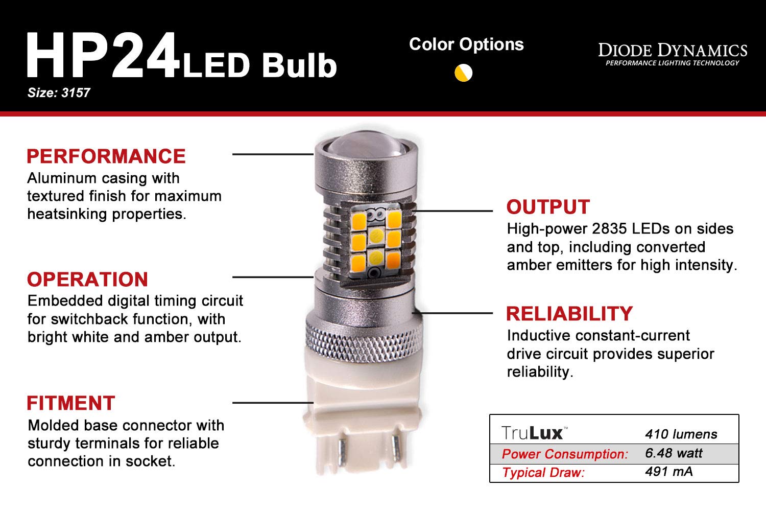 3157 LED Bulb HP24 - Dual Color Cool White & Amber LED Light Bulbs for Car Tail Lights, Turn Signals, and Brake Lights - High Performance Single Diode Dynamics Automotive Lighting