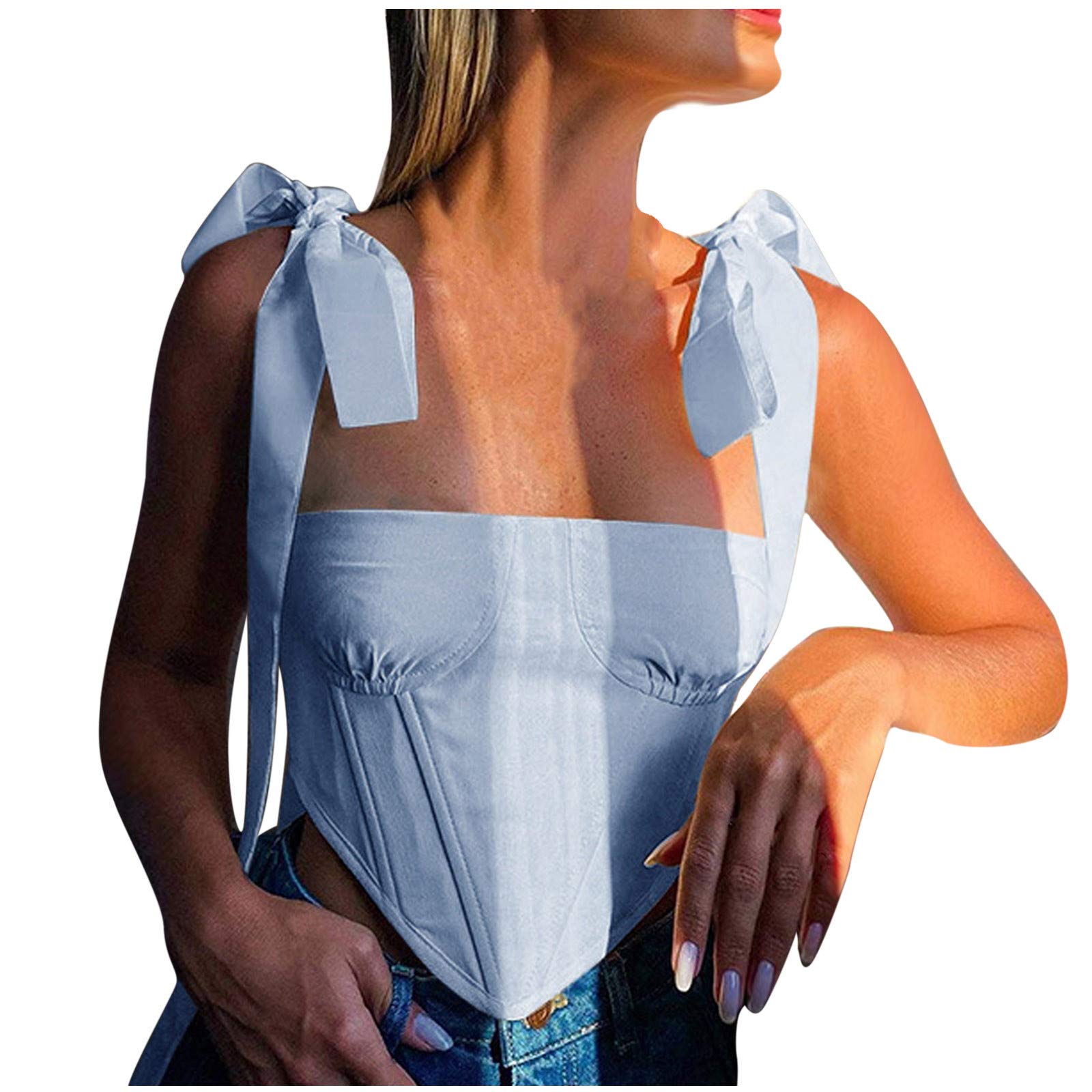 Women's Plus Size Sleeveless Solid Blue Camisole Blouse - Fashionable Fish Bandage Tops for Casual Wear, Summer Outfits & Layering