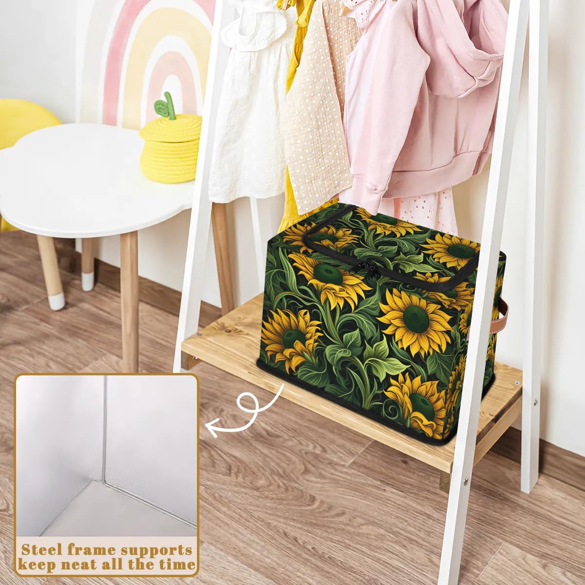 Collapsible Stackable Storage Bins with Lids - Cartoon Sunflower Design Fabric Closet Organizer for Clothes, Toys, Blankets | Space-Saving Home & Office Storage Solution for Bedroom, Kids Room & Dorm Organization