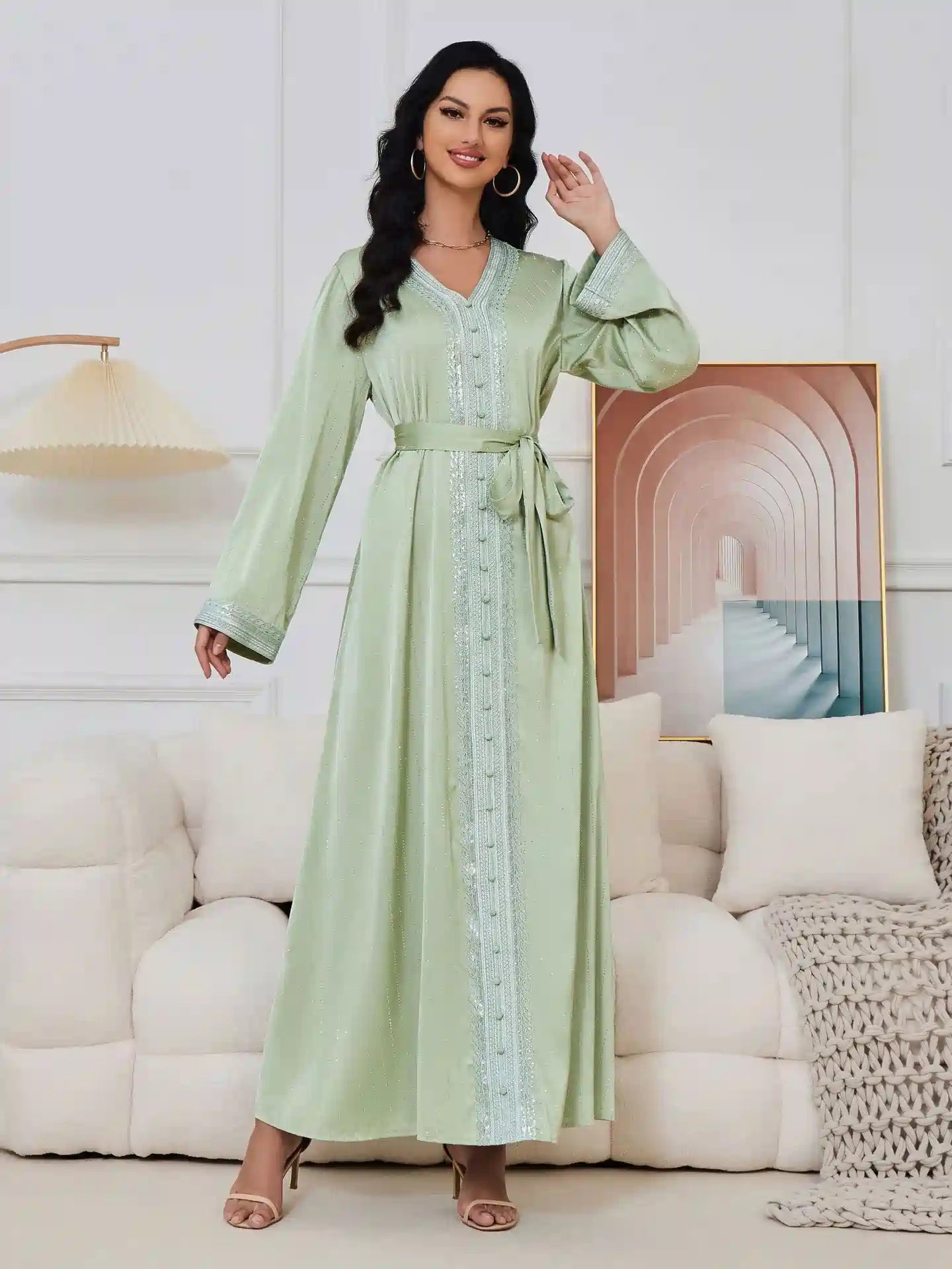Elegant Hotfix Rhinestones Caftan Dress for Women - Eid Party, Wedding, Special Occasions - #25065 | Boho Chic, Plus Size, Long Flowy Maxi Dress