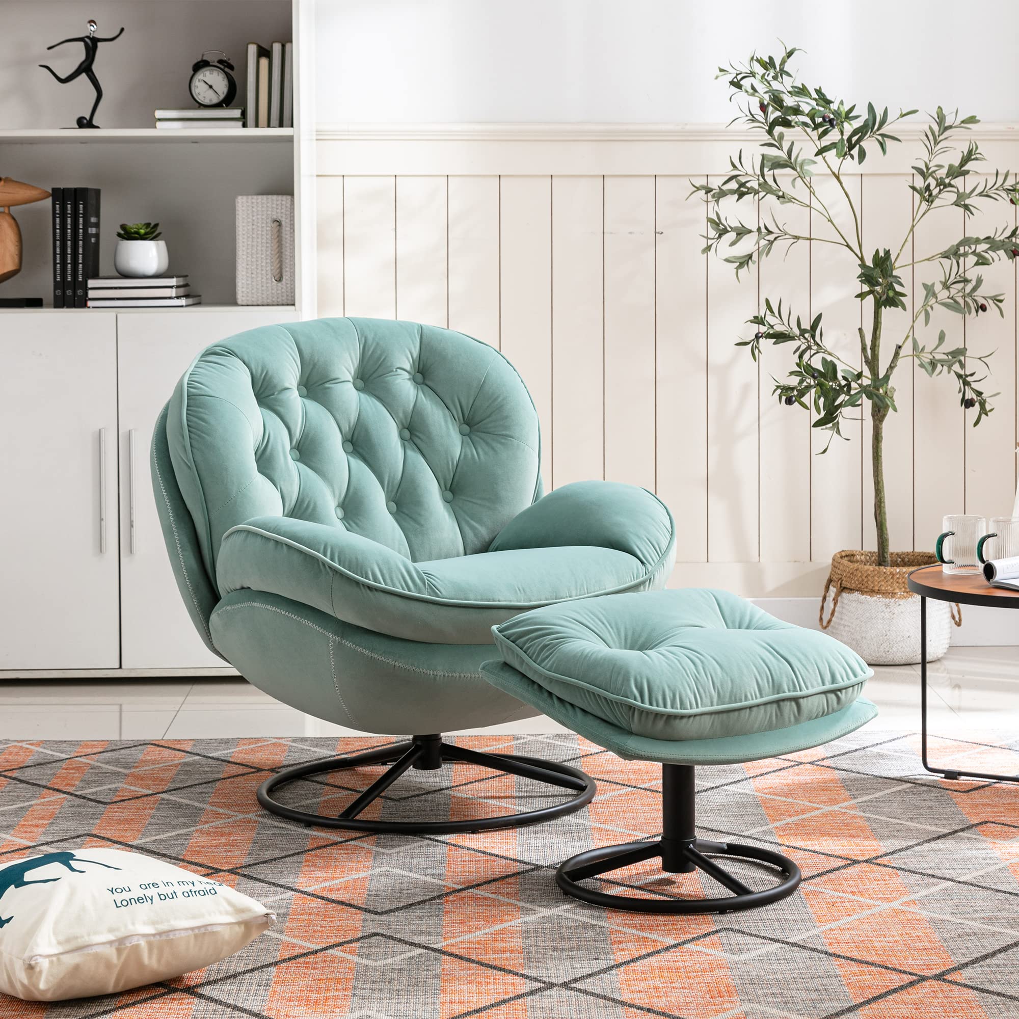 Homsof Velvet Swivel Accent Chair with Ottoman Set - Modern Chaise Lounge & Footstool - Comfortable Armchair with Sturdy Metal Legs for Living Room, Bedroom, or Office