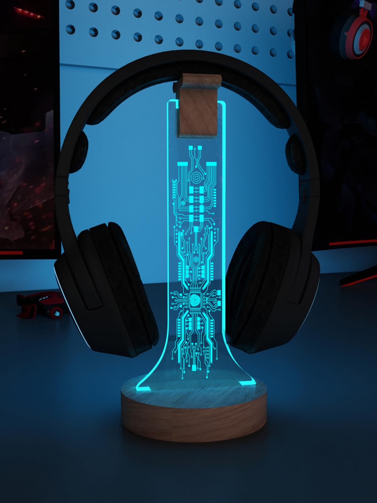 RGB Gaming Headphone Stand with 16 Color LED Lights - Wooden Headset Holder for Desk, Cool Gamer Gift for Men & Boyfriends - Perfect for Game Room Decor & Streaming Setup Accessories