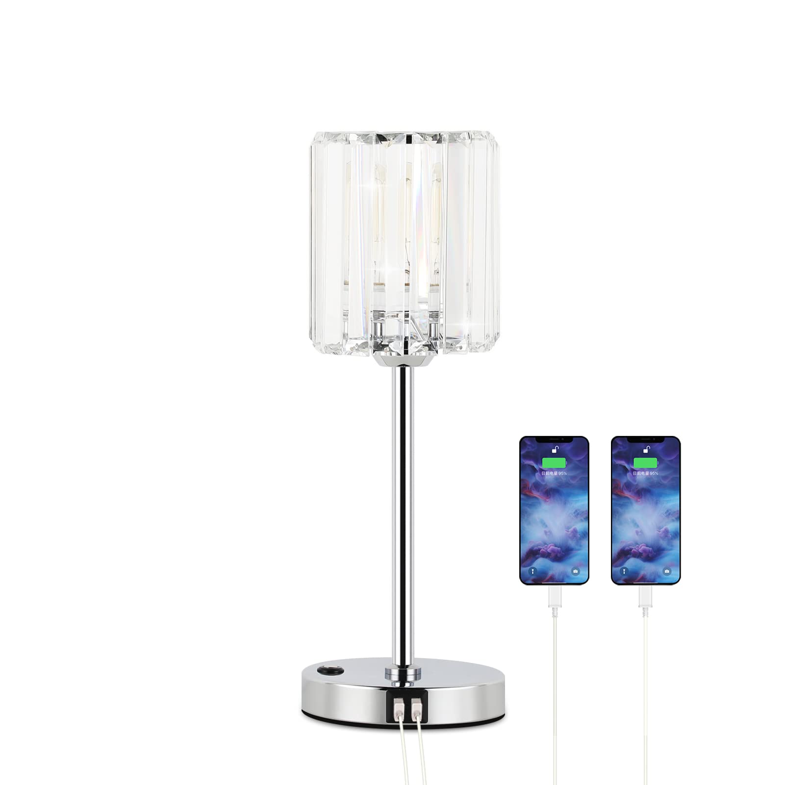 Modern Crystal Table Lamp with Touch Control & 3-Way Dimmable Lighting - 2 USB Charging Ports, Chrome/Brass Finish (Bulb Not Included) - Perfect for Bedside Nightstands, Living Room Decor, and Office Desks