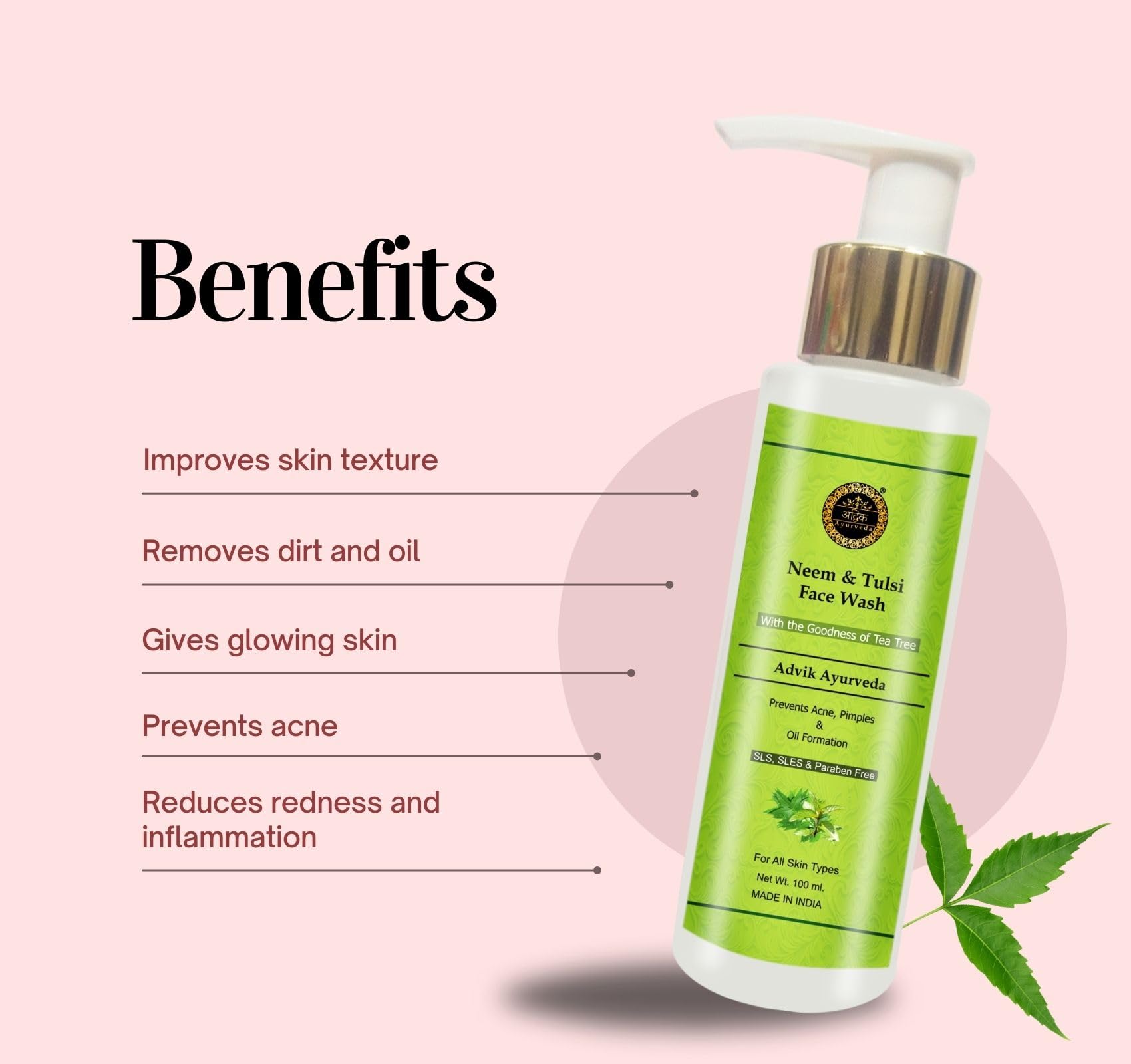 Advik Ayurveda Neem Basil Face Wash with Tea Tree for Acne & Pimples | Anti-Acne Neem Tulsi Cleanser | Natural Face Wash for Men & Women | Perfect for Daily Skincare & Acne-Prone Skin