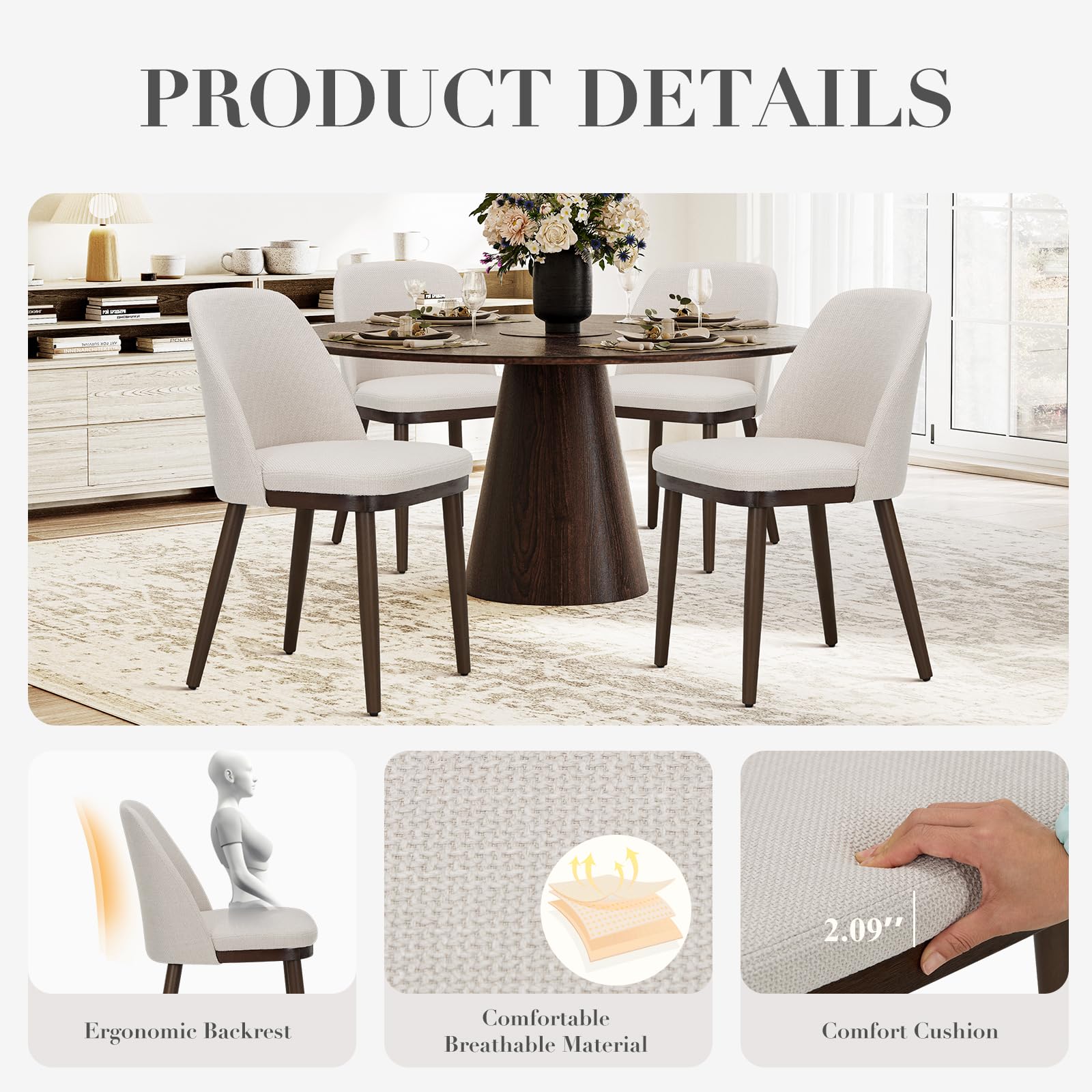 COLAMY Upholstered Dining Chairs Set of 4 - Modern Fabric Kitchen Chairs with Wooden Legs & Back Support for Dining Room, Restaurant or Home - Beige - Perfect for Family Meals, Dinner Parties & Restaurant Seating