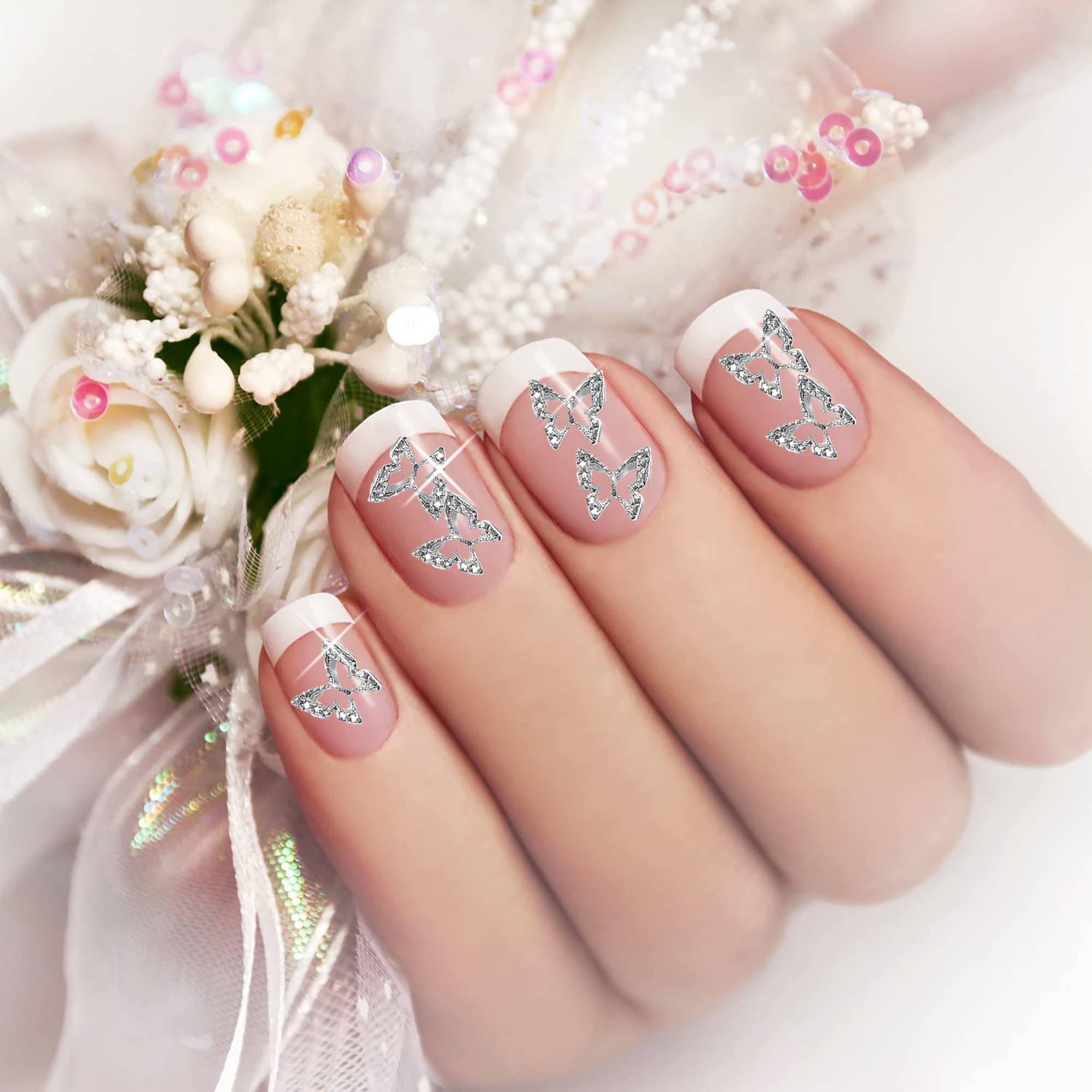 JERCLITY 100Pcs 3D Silver Butterfly Nail Charms - Metal Nail Art Decorations for Acrylic Nails, Manicure, Gel Polish & DIY Nail Designs - Perfect for Parties, Weddings, and Special Occasions