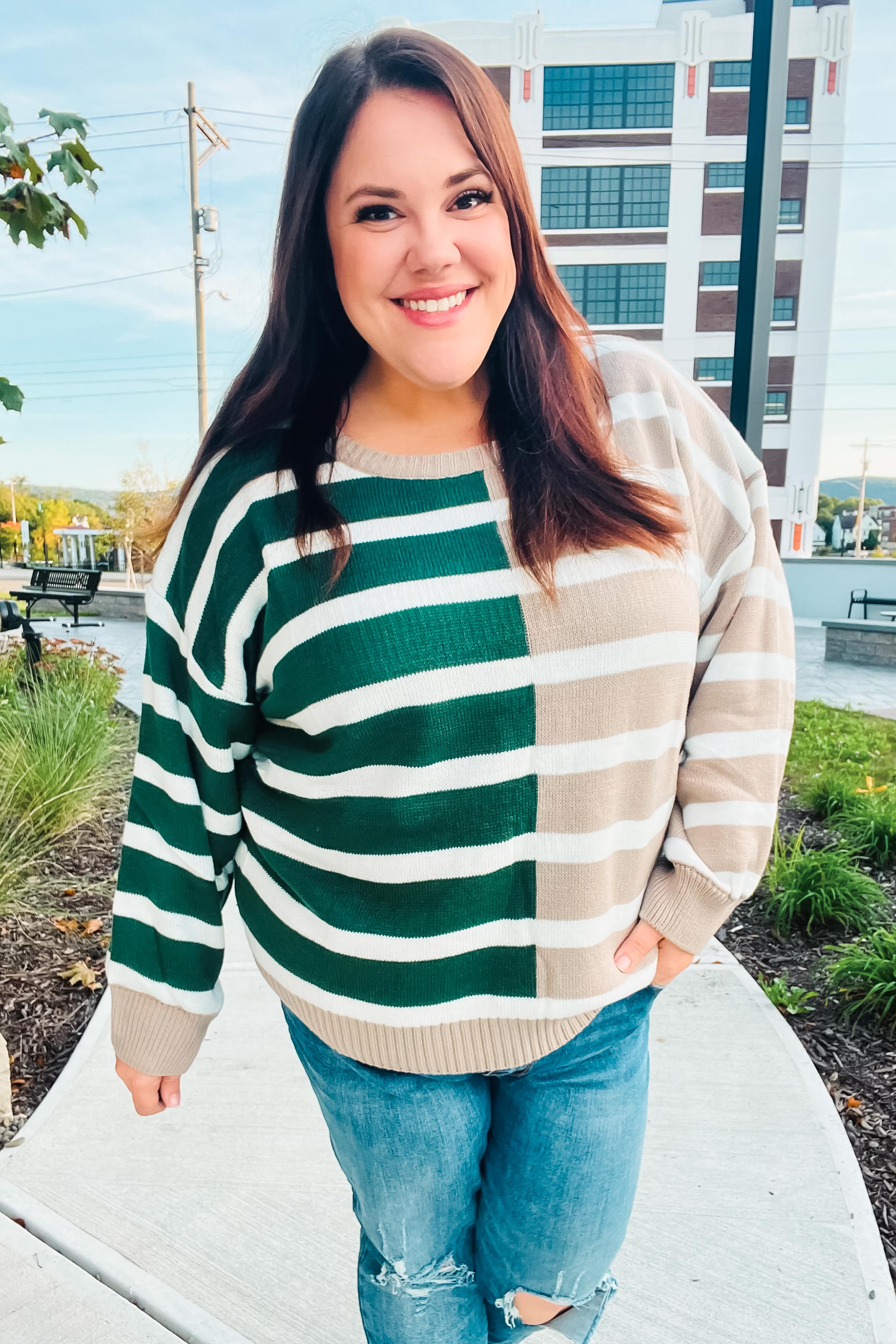 Hunter Green & Taupe Striped Color Block Sweater for Women | Cozy Knit Pullover | Fall Winter Fashion | Casual Office Wear & Weekend Outfits