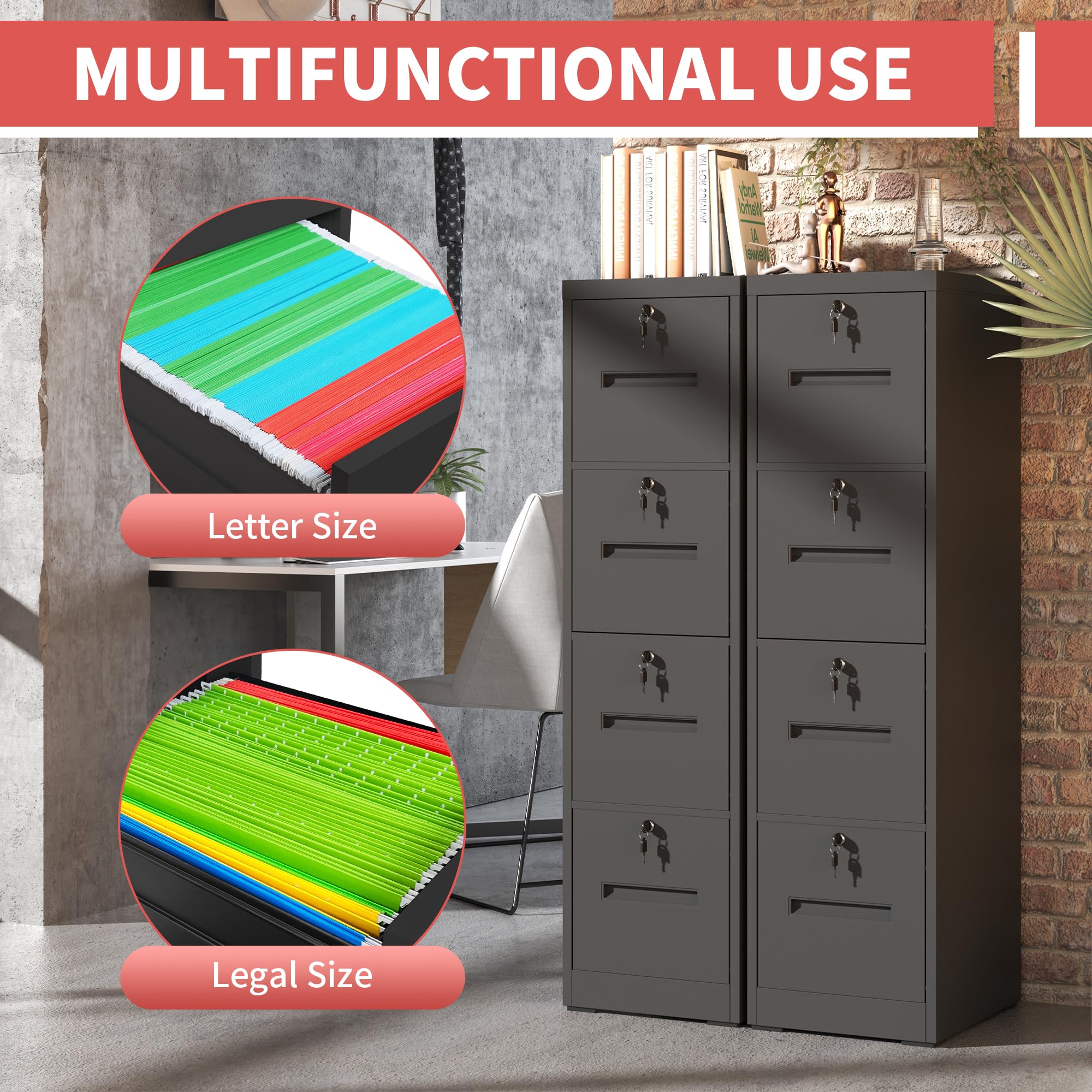 4-Drawer Vertical File Cabinet with Lockable Drawers - Heavy Duty Black Metal Filing Cabinet for Home Office - Organize A4/Letter/Legal Size Documents - Perfect for Office Storage & Document Security (Assembly Required)
