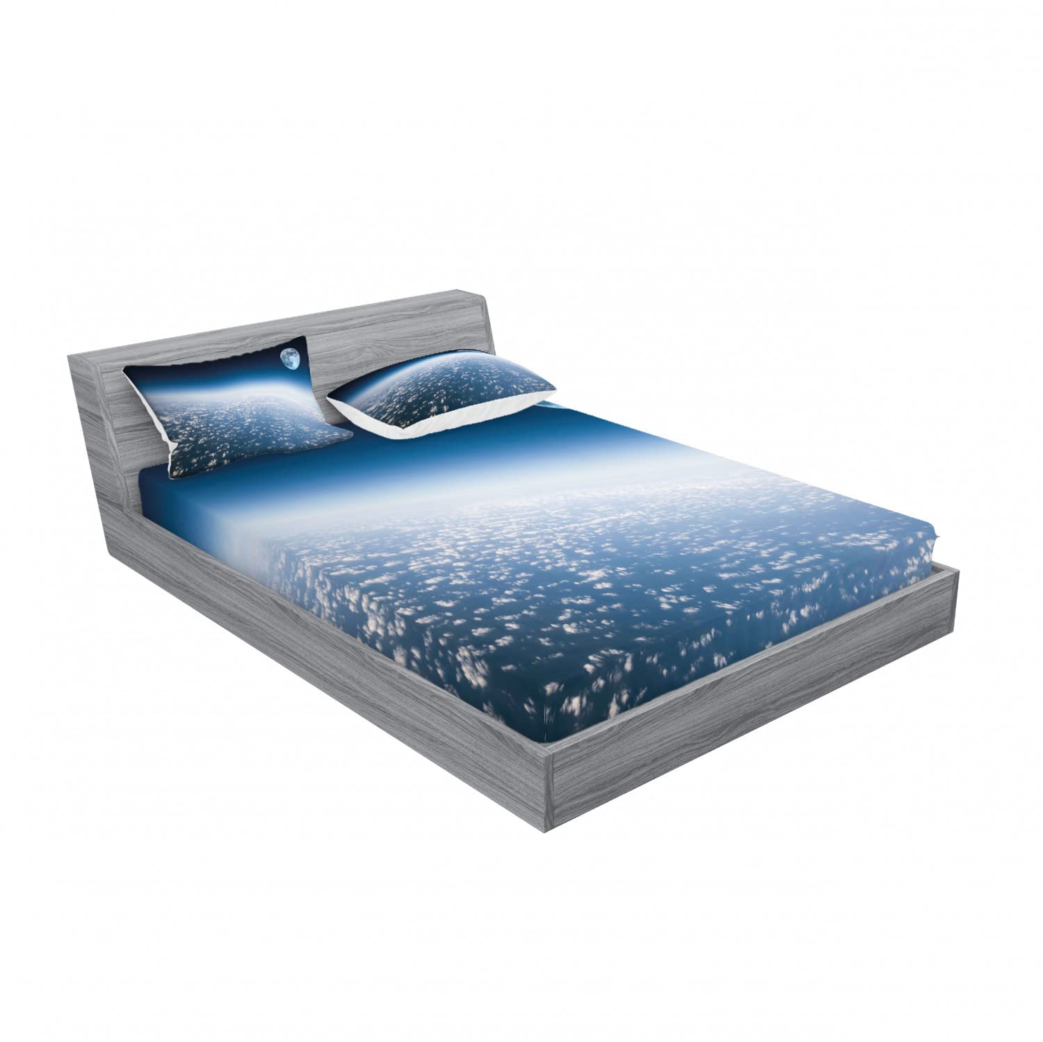 Ambesonne Space Themed 2-Pack Queen Size Fitted Sheet Set with 4 Pillow Shams - Earth & Moon Design, Pale Blue Galaxy Bedding for Adults & Teens - Perfect for Astronomy Lovers' Bedroom Decor & Space Themed Parties