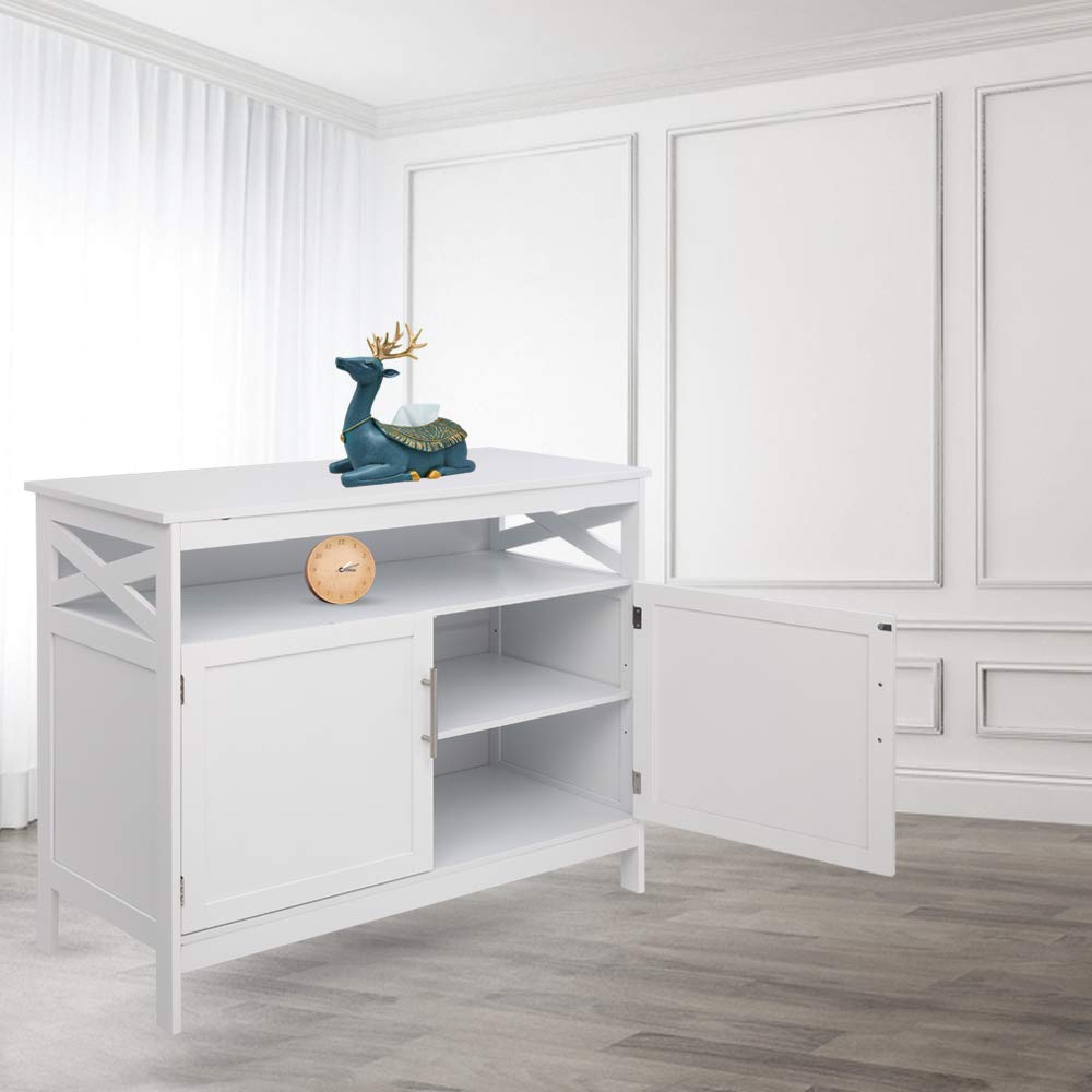 White Double Door Storage Cabinet - Pantry & Multipurpose Cupboard with Top & Bottom Enclosed Space for Kitchen, Living Room, Bedroom & Office Organization | Durable Industrial Style Home Storage Solution