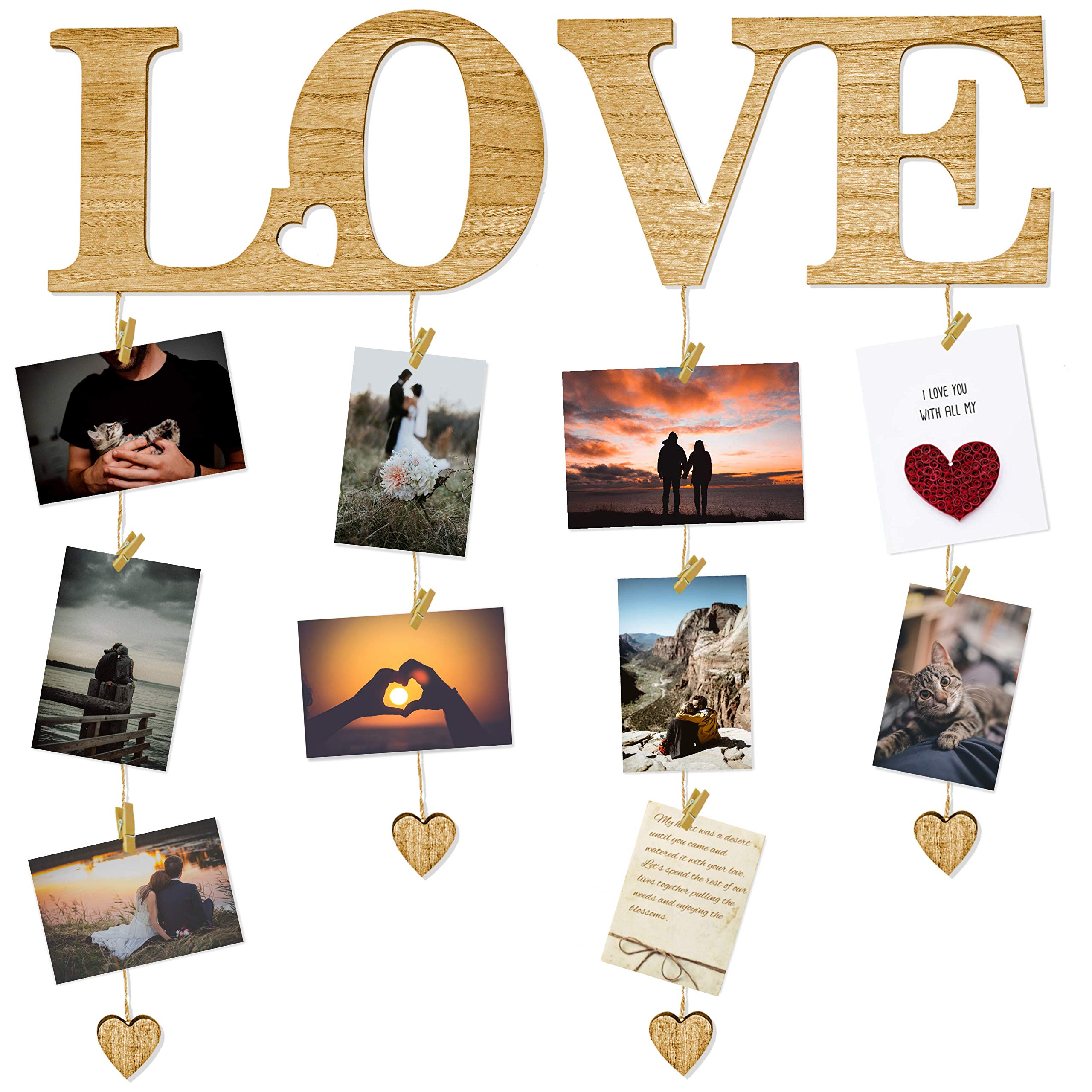 Wooden Wall Decor with Clips - Hanging Photo Display & Collage Organizer - Rustic String Picture Hanger for Multiple Photos - Perfect for Living Room, Bedroom, Nursery, and Office Wall Decor