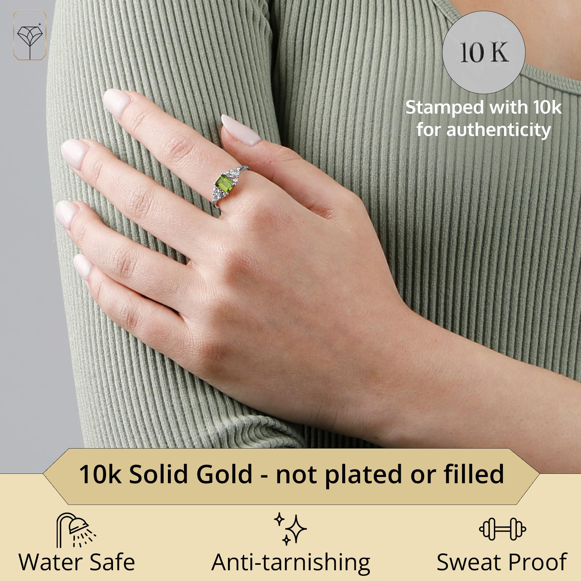 10K Gold Emerald Cut Birthstone Rings for Women - Durable Anti-Tarnish Cocktail Rings | Size 5-9 with Gift Box | Perfect for Anniversaries, Birthdays & Special Occasions