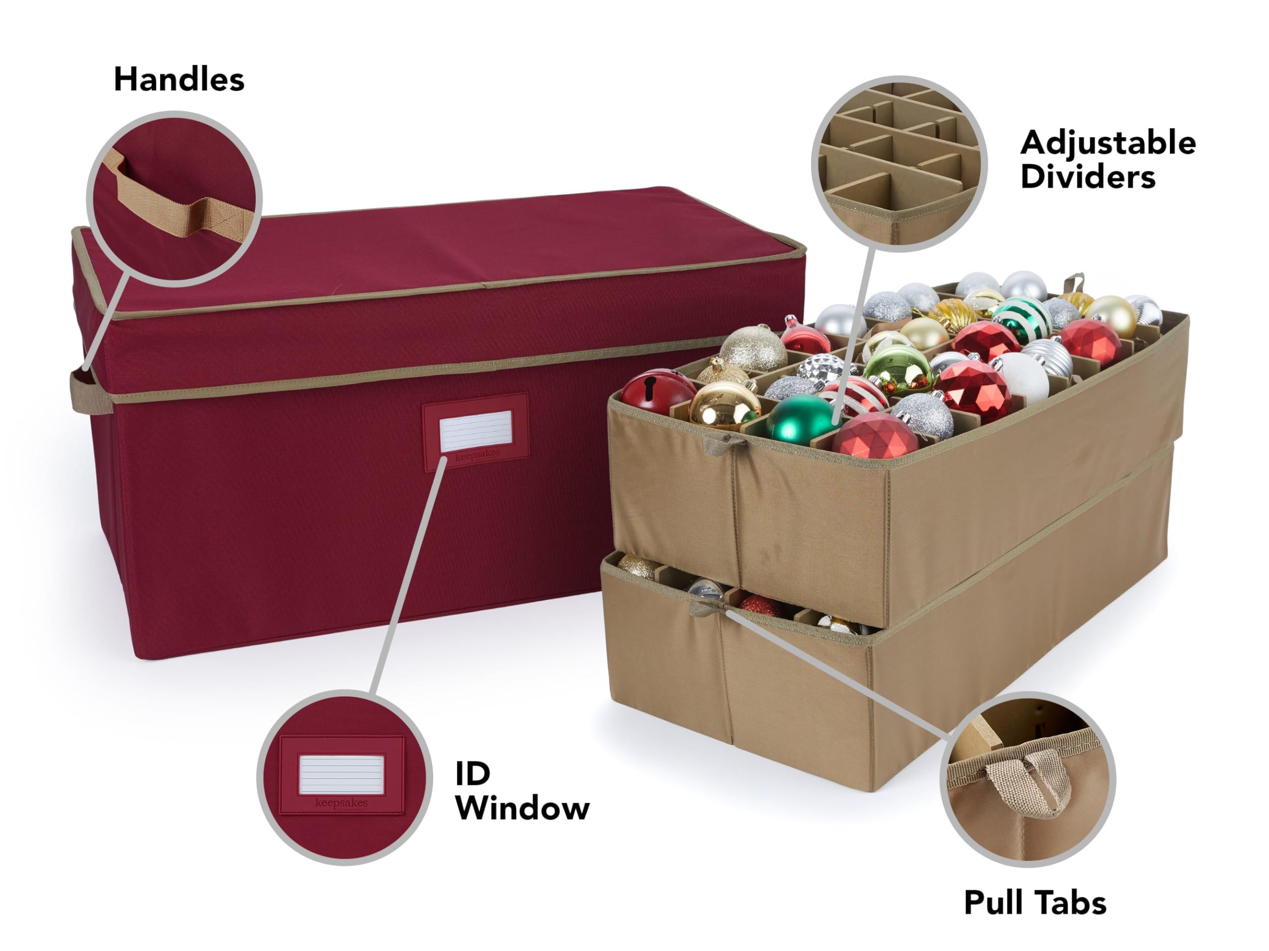 Covermates Keepsakes Adjustable Ornament Storage Box with Carrying Handles & Padded Protection - Holiday Decoration Organizer for Christmas Tree Ornaments, Home Storage Solution (Red)