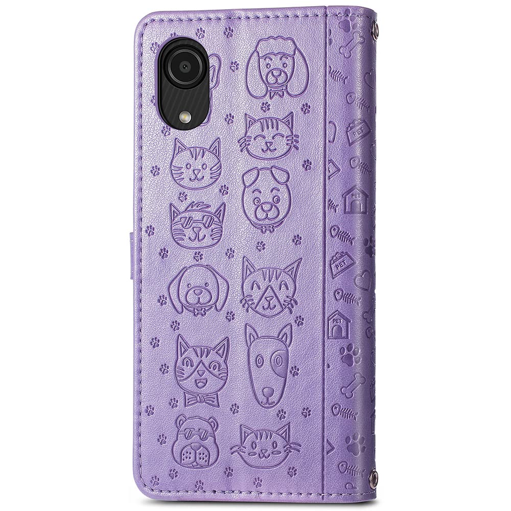 Cute Cartoon Cat Dog Pattern PU Leather Wallet Phone Case for Samsung Galaxy A03 Core - Magnetic Clasp, Cash & Card Slots Holder (Purple) - Perfect for Daily Use, Travel, and Hands-Free Convenience