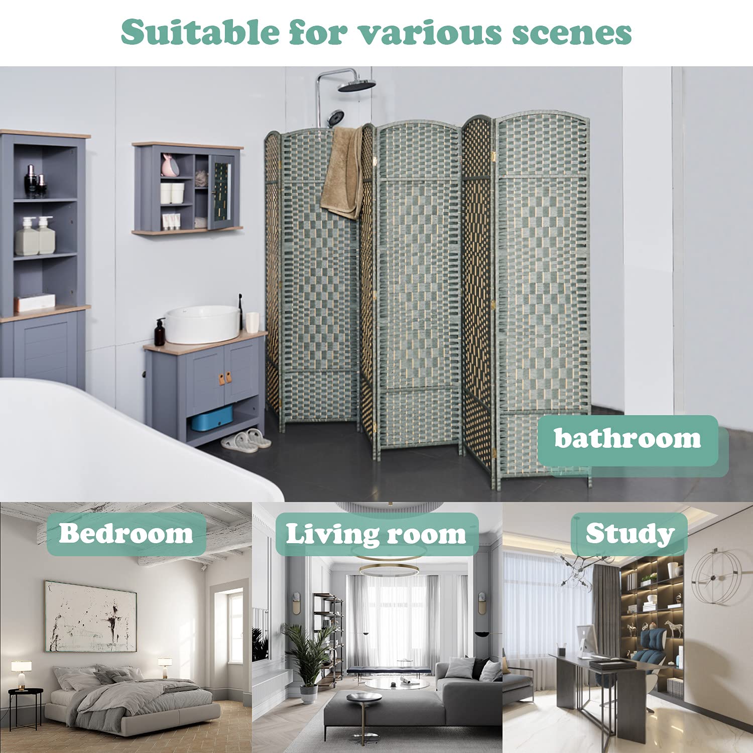 6-Panel Room Divider Screen - Decorative Privacy Partition for Home & Office - Indoor/Outdoor Folding Screen in Gray - Perfect for Creating Separate Spaces in Living Rooms, Bedrooms or Patios