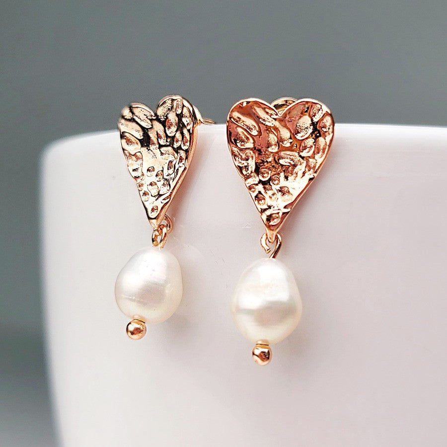 925 Sterling Silver Antique Freshwater Pearl Heart Drop Earrings for Women - Elegant Vintage Jewelry Gift for Valentine's Day, Anniversary & Special Occasions