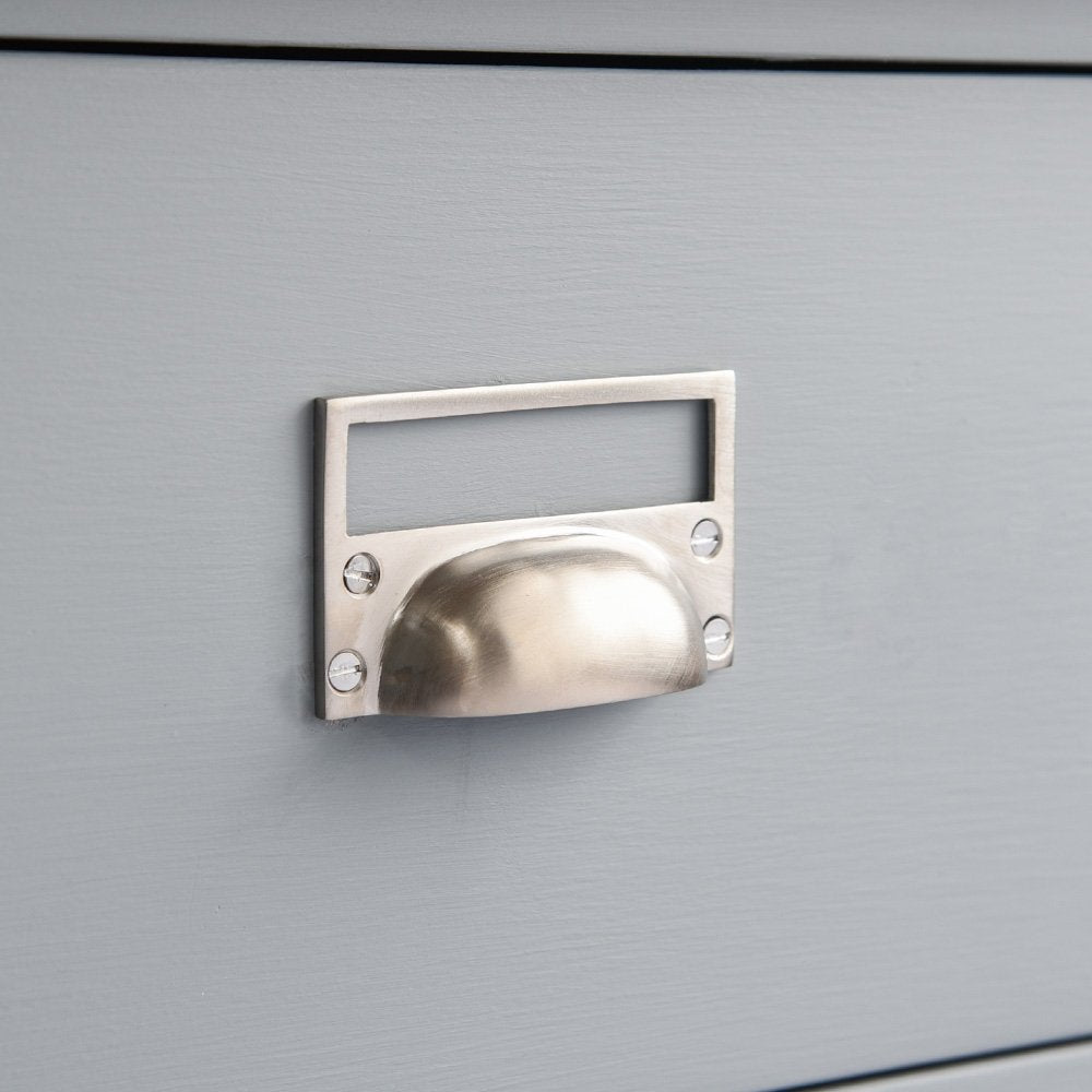 Satin Nickel Drawer Pulls with Card Frame - Elegant Hooded Cabinet Handles for Kitchen, Bathroom & Office Furniture - Easy Installation & Durable Finish