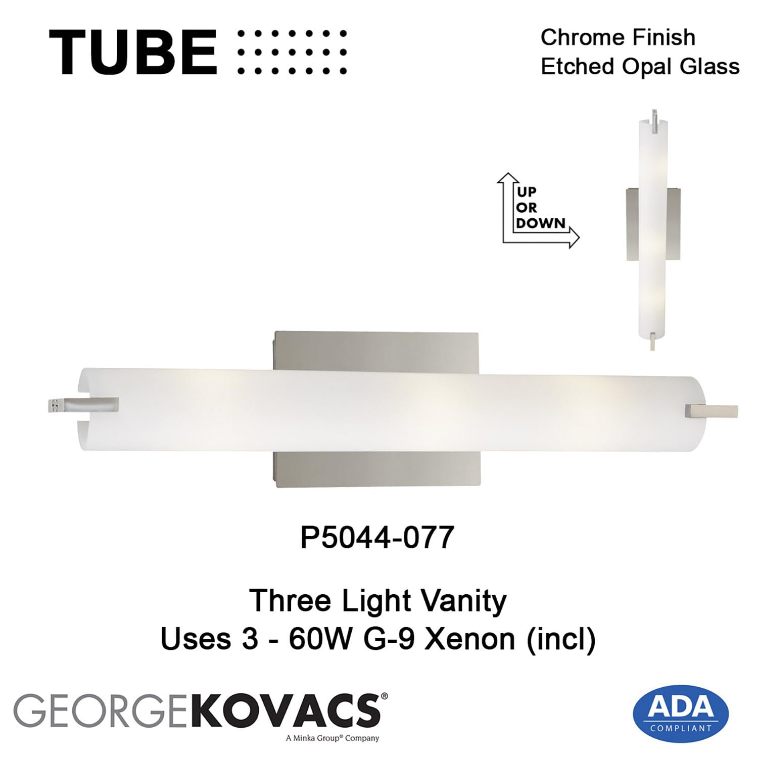 GEORGE KOVACS P5044-077 Chrome 3-Light Tube Vanity Bathroom Light Fixture, 180W, 4.75