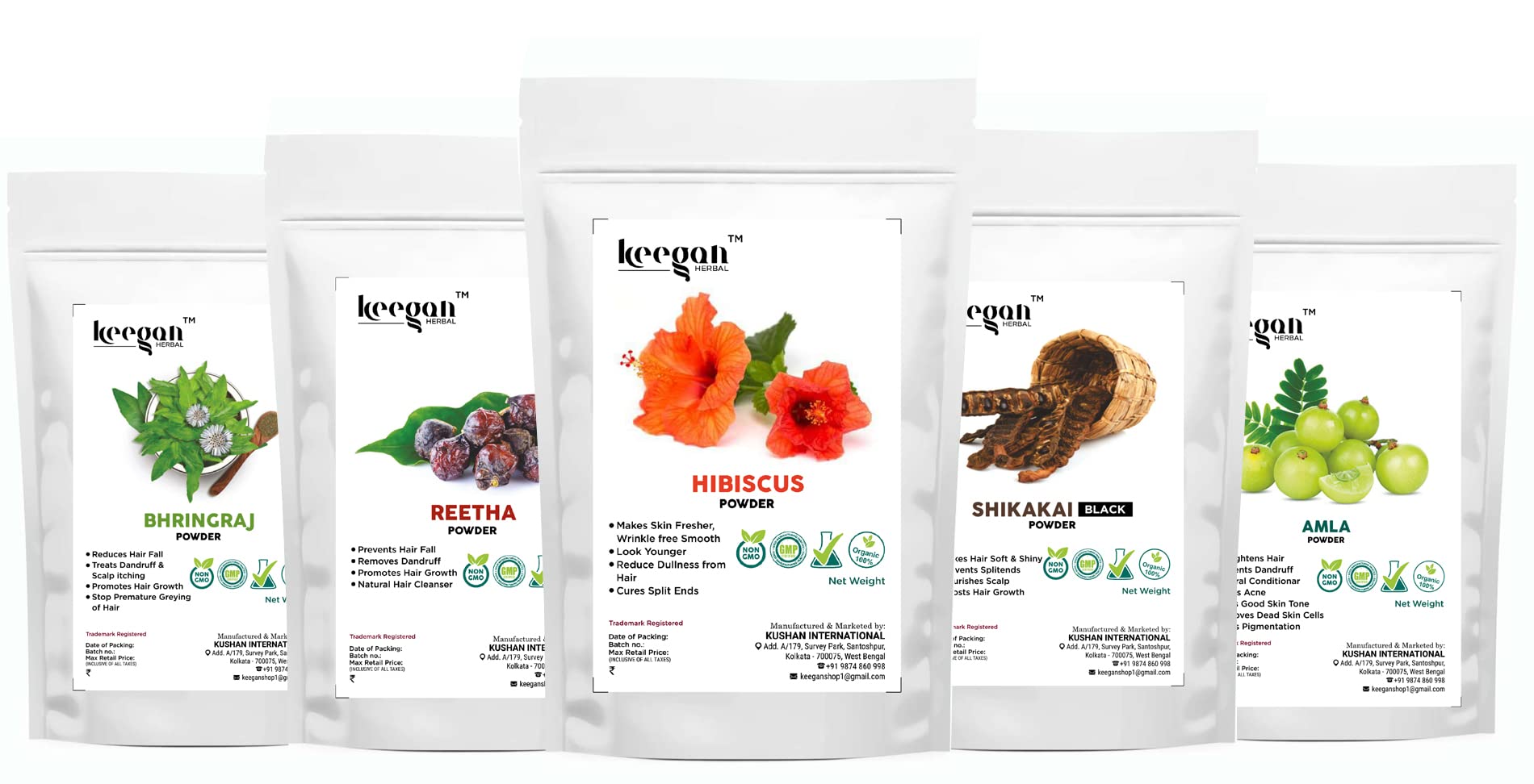 Keegan 100% Natural Hair Care Powder Set - Amla, Hibiscus, Bhringraj, Reetha & Shikakai (5-Pack, 100g Each) for Hair Growth, Scalp Health & Shine | DIY Hair Masks & Ayurvedic Treatments