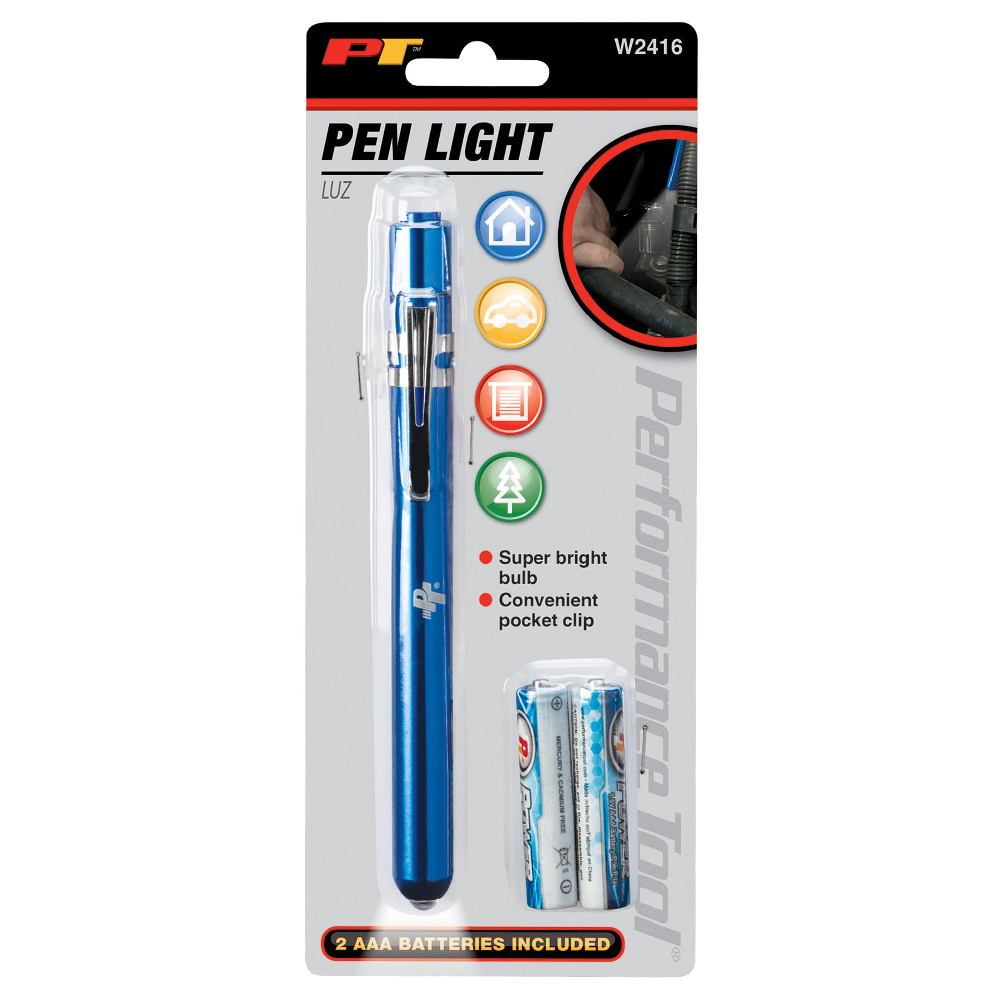 Performance Tool W2416 Pocket Penlight - Super Bright LED Flashlight with Convenient Pocket Clip, Includes 2 AAA Batteries - Perfect for Home Repairs, Camping & Emergency Kits