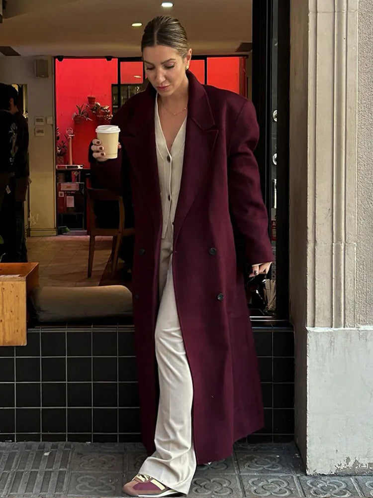 Stylish Burgundy Red Double Breasted Oversized Overcoat for Women - Casual Lapel Pockets Long Sleeve Coat - High Street Fashion for Work, Dating & Fall/Winter Outfits