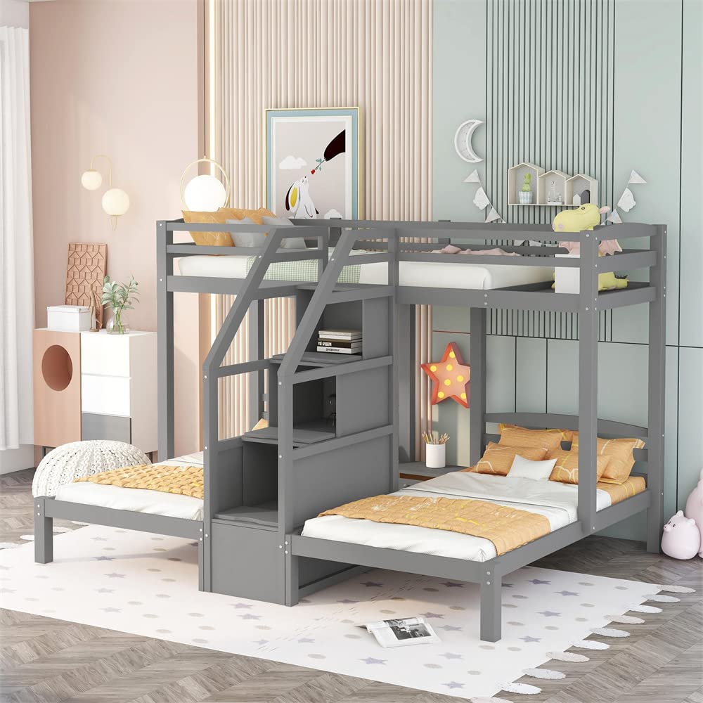 Solid Wood Triple Bunk Bed with Staircase, Storage Drawers & Shelves - Twin Over Twin & Twin Low Bunk Bed Frame - Full-Length Guardrail & Handrail for Safety - No Box Spring Needed - Space-Saving 3 Bed Bunk for Adults & Teens - Perfect for Dorms, Hostels & Small Bedrooms (Gray)