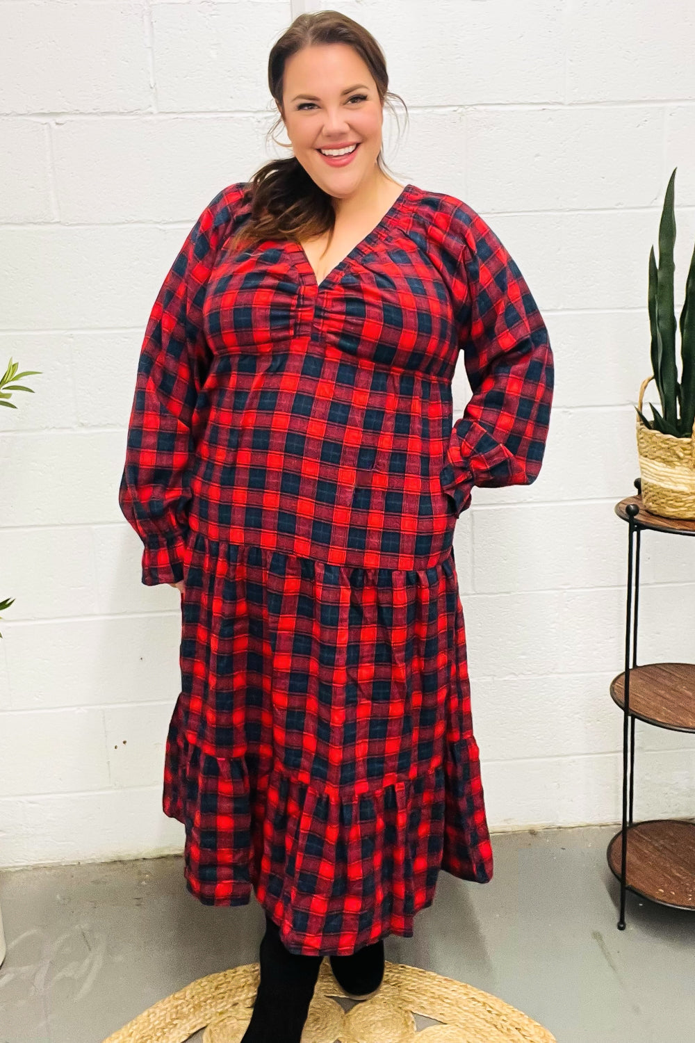 Stylish Red Plaid Elastic V-Neck Tiered Maxi Dress for Women | Flowy Long Summer Dress | Perfect for Beach, Vacation & Casual Outings