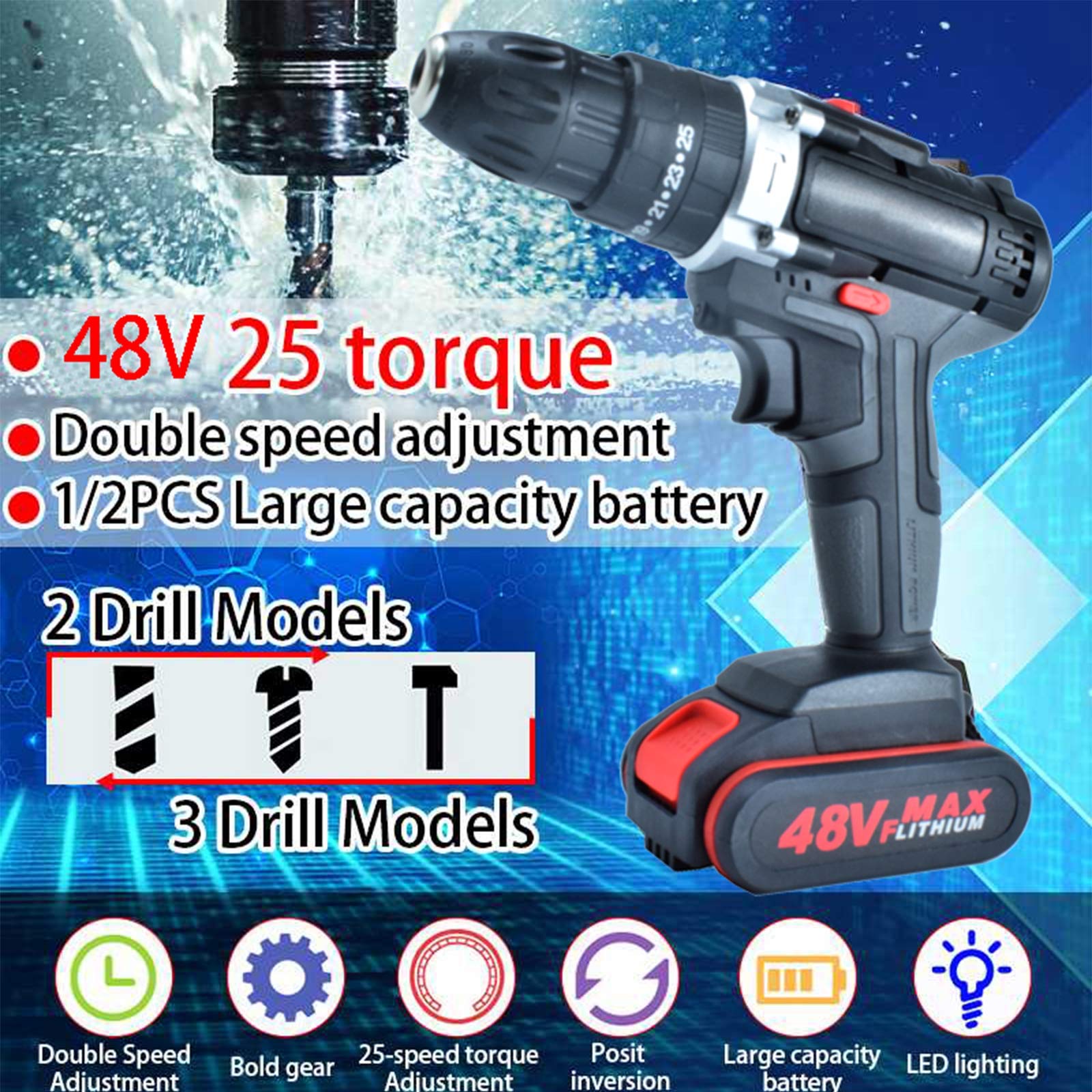 48V Cordless Impact Drill Driver with 25+1 Torque Settings, 2 x 2000mAh Li-ion Batteries & Fast Charger - Powerful Electric Screwdriver for Home DIY, Woodworking, Metal Drilling & Construction Projects